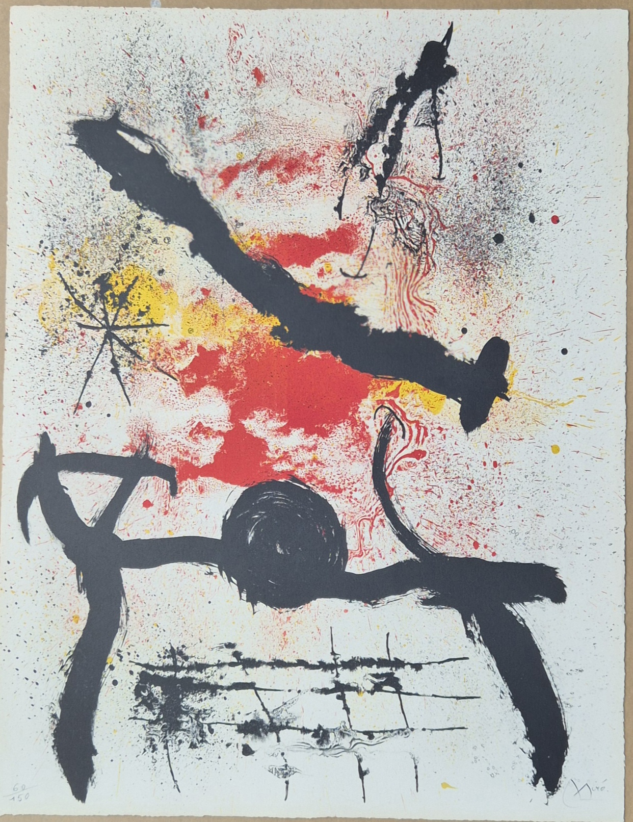 A dynamic abstract composition featuring bold black shapes against a vibrant background of red, yellow, and white.