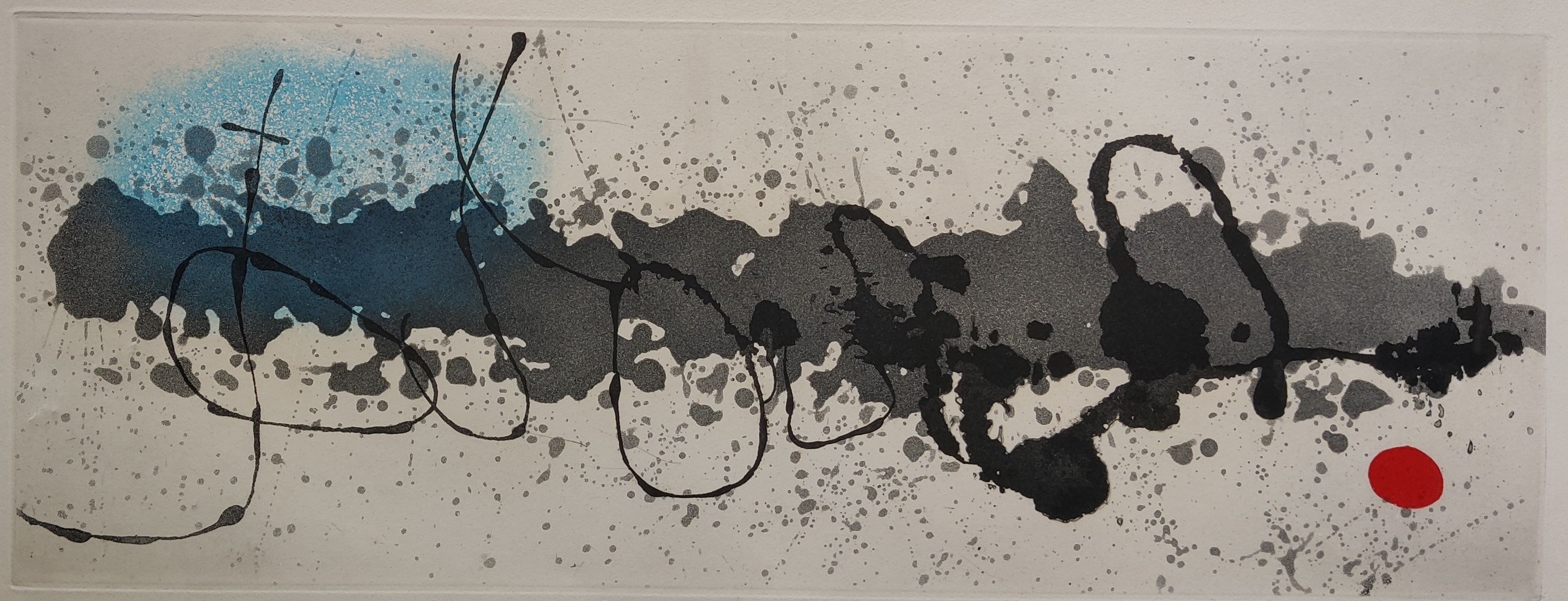A black and white painting with a red dot in the middle.