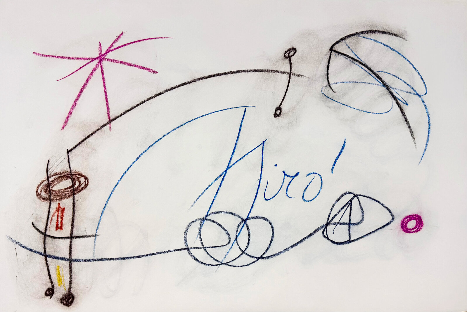 A colorful abstract drawing featuring a central signature surrounded by loose lines and geometric shapes.