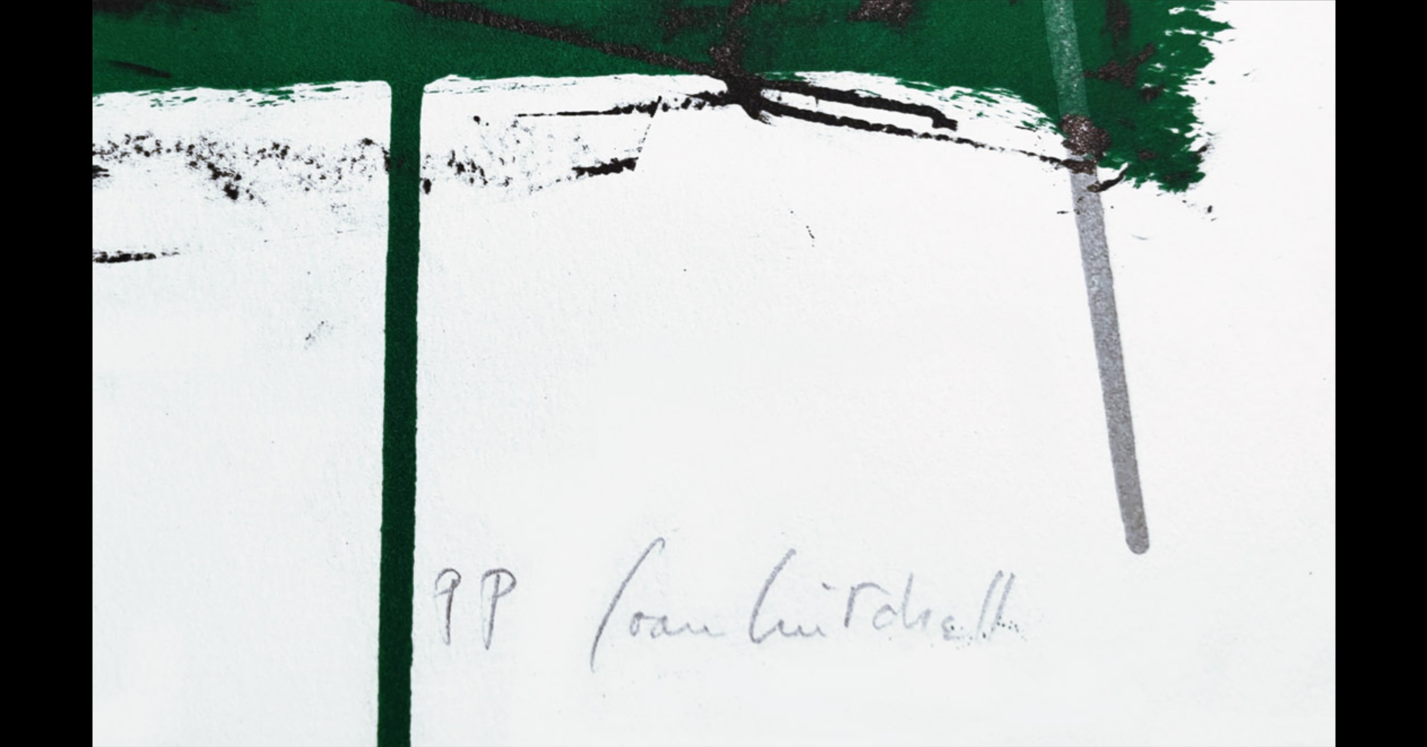 An abstract composition of layered horizontal strokes in green, black, and grey on a white background.