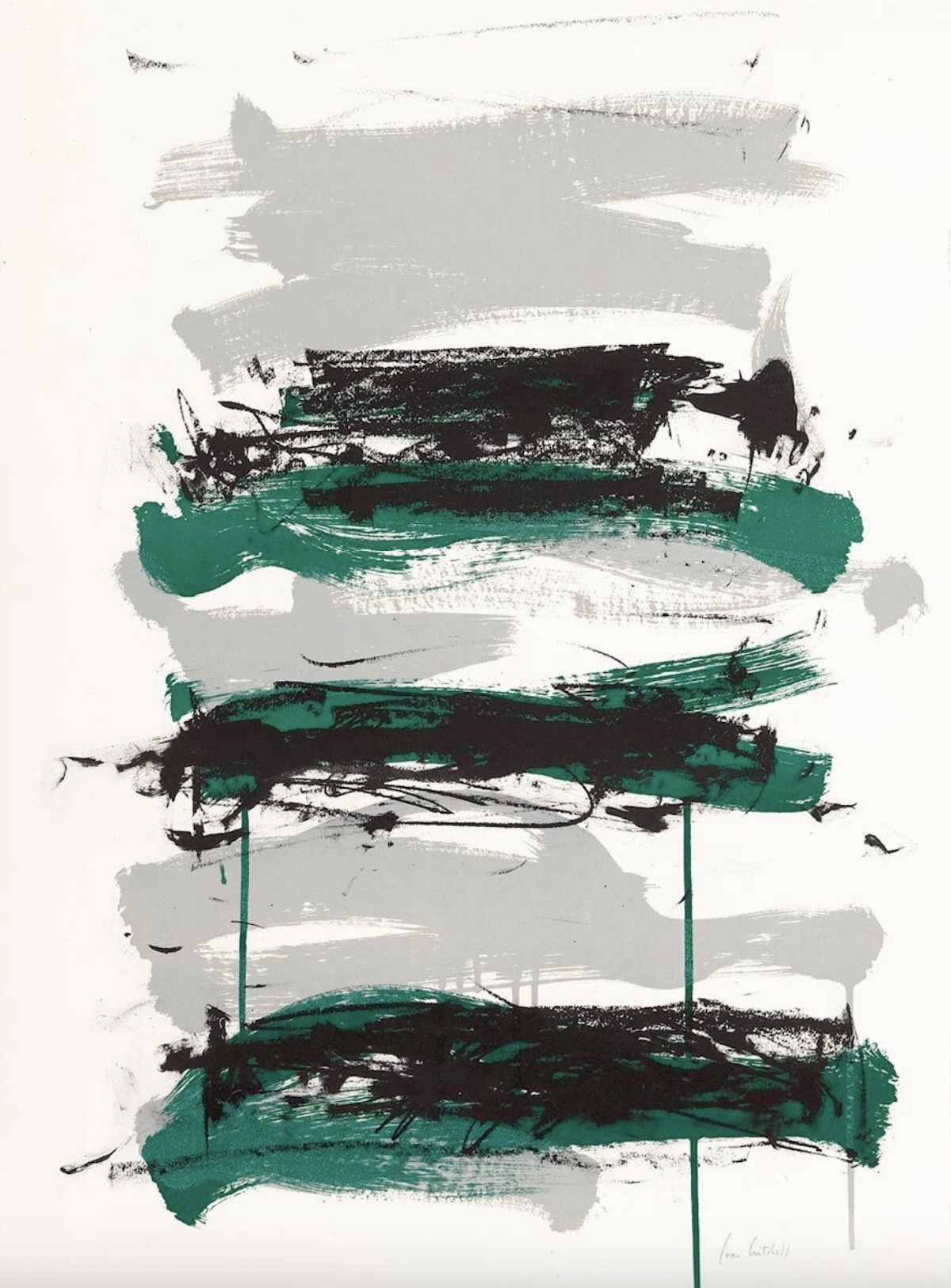 An abstract composition of layered horizontal strokes in green, black, and grey on a white background.