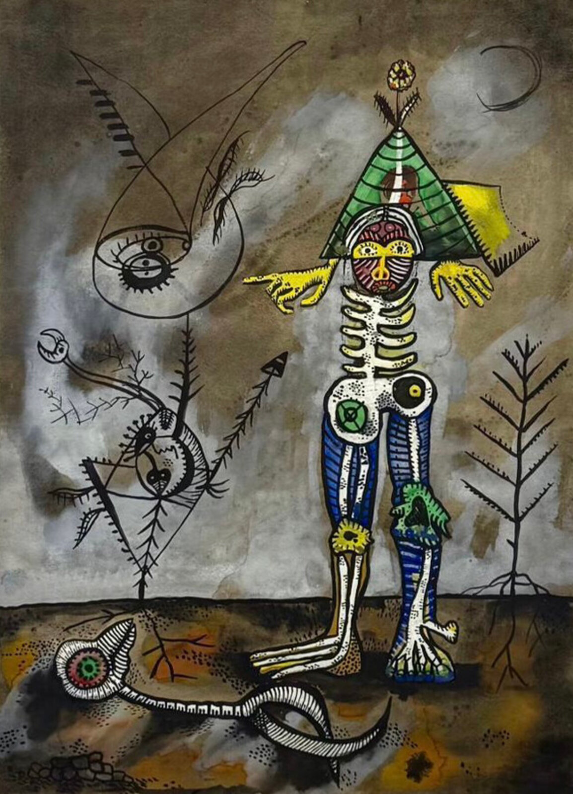 A surreal composition featuring a skeletal figure with a green pyramid head, surrounded by floating eyes and strange organic forms.