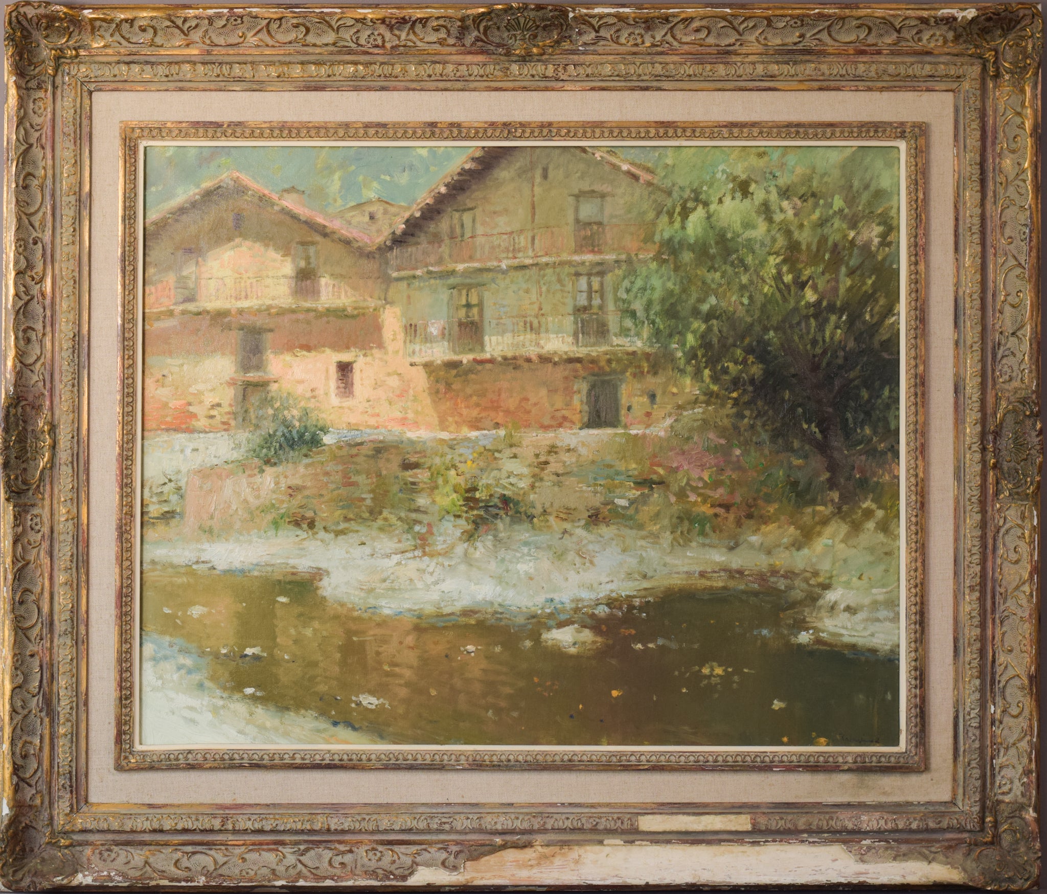 Artwork by Joan Ramon Palau Juncà, Impressionist Painting with River and Chalets, Made of Oil on canvas 