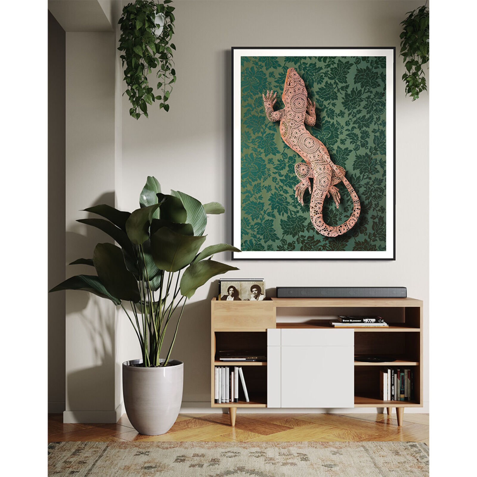 A lizard made out of paper on a green background.