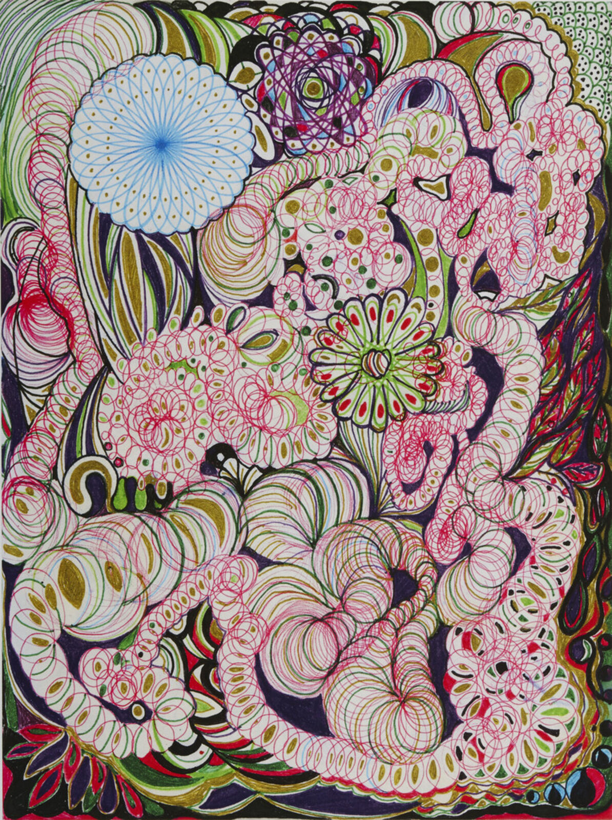 A woman standing in front of a painting on a wall.