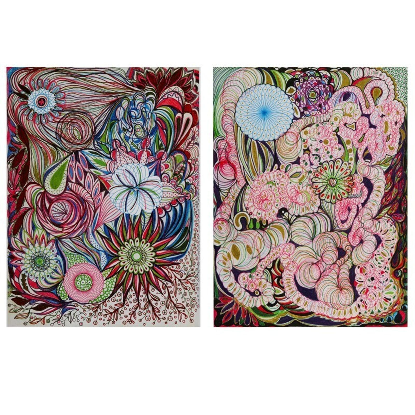 A woman standing in front of a painting on a wall.