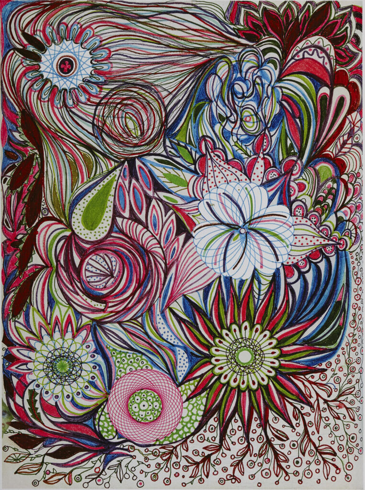 A woman standing in front of a painting on a wall.