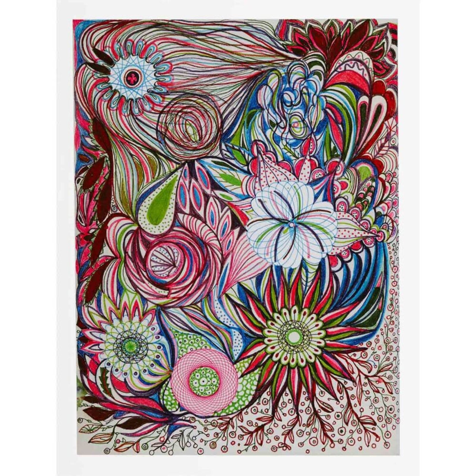 A colorful, intricate floral illustration filled with swirling patterns and vibrant hues.