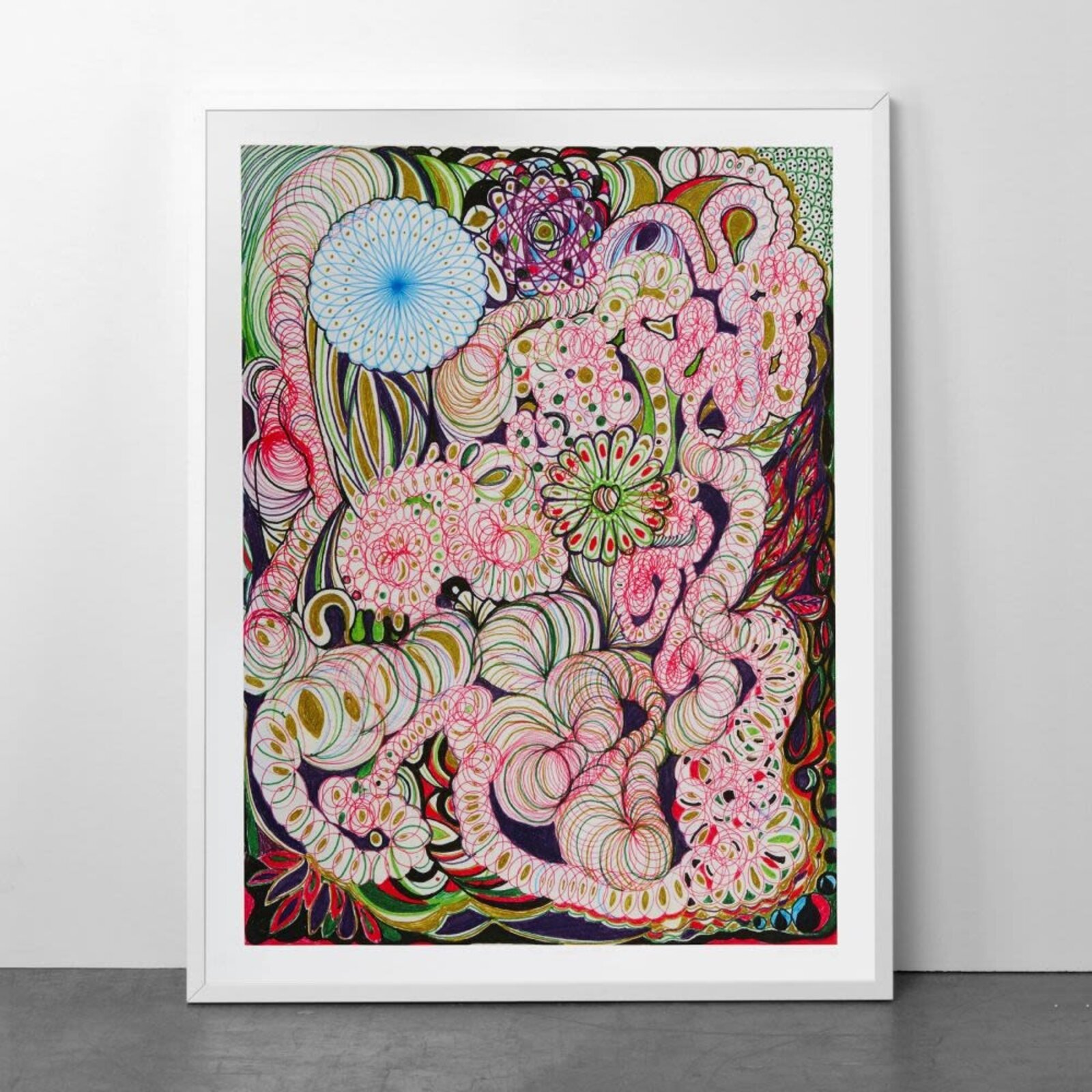 A psychedelic floral print filled with swirling, organic shapes and intricate line work.