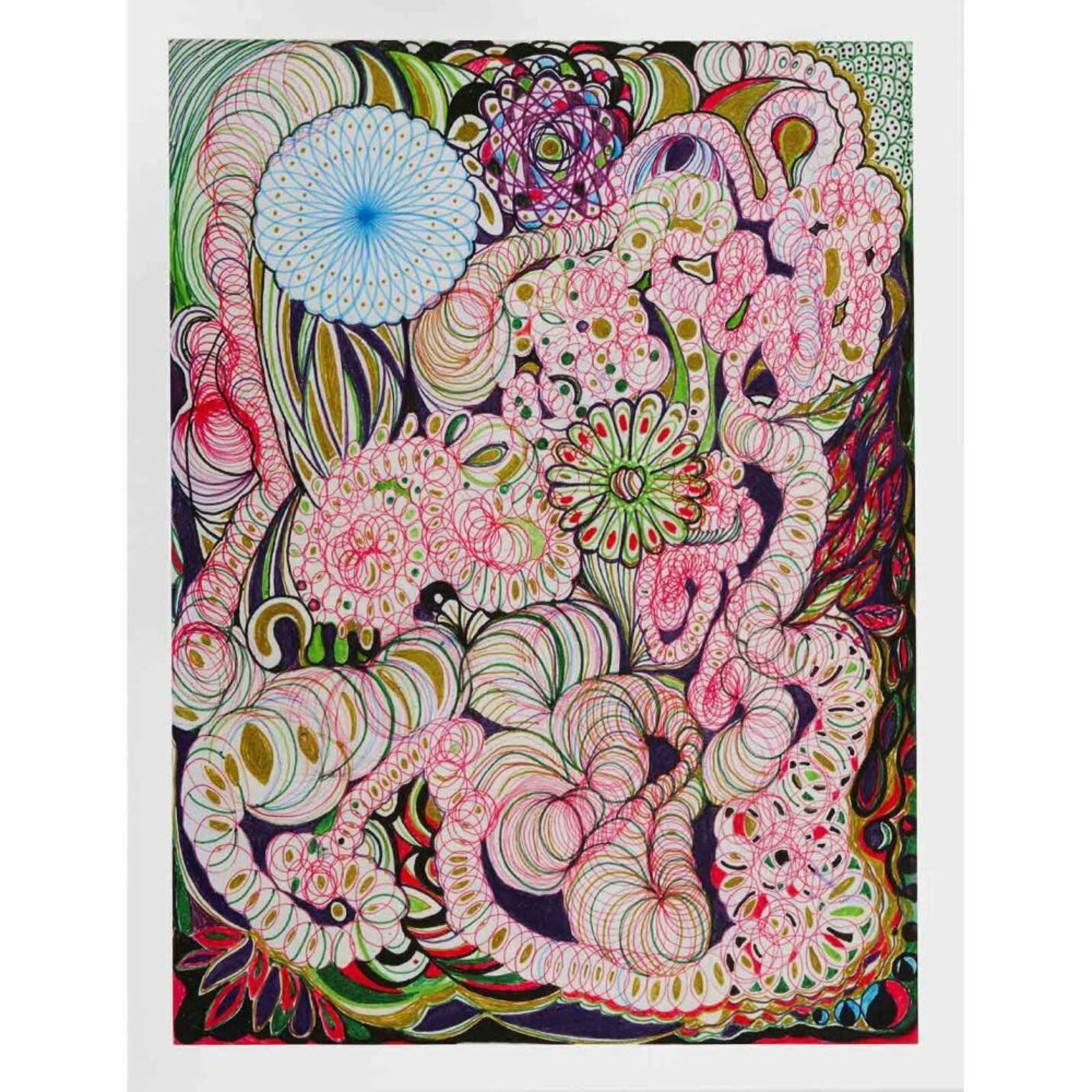 A psychedelic floral print filled with swirling, organic shapes and intricate line work.