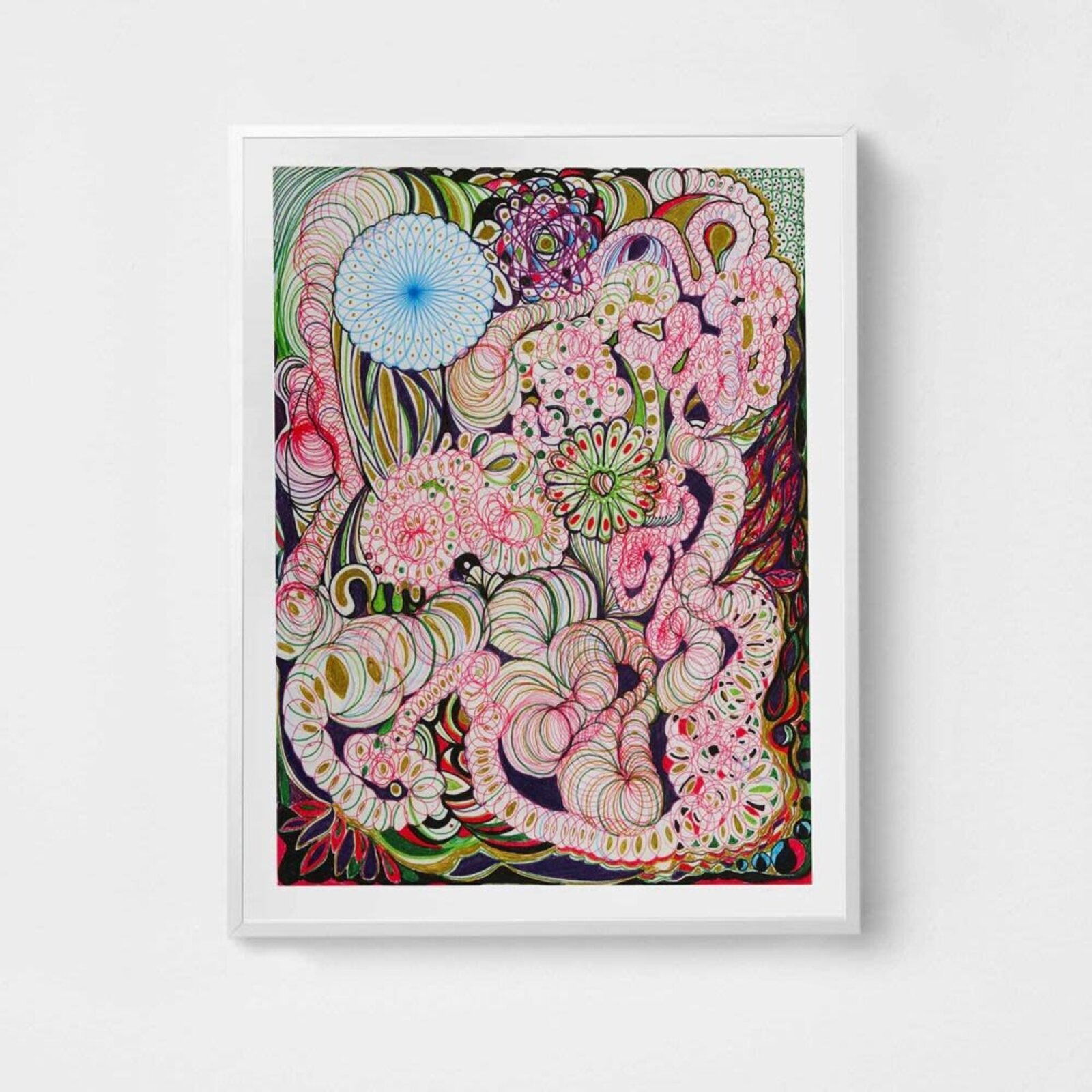 A psychedelic floral print filled with swirling, organic shapes and intricate line work.