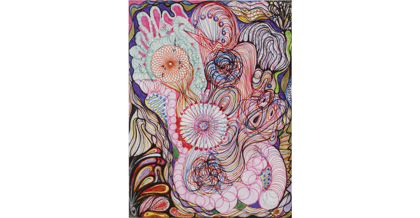A colorful abstract composition featuring two framed prints with swirling organic forms and intricate line work.