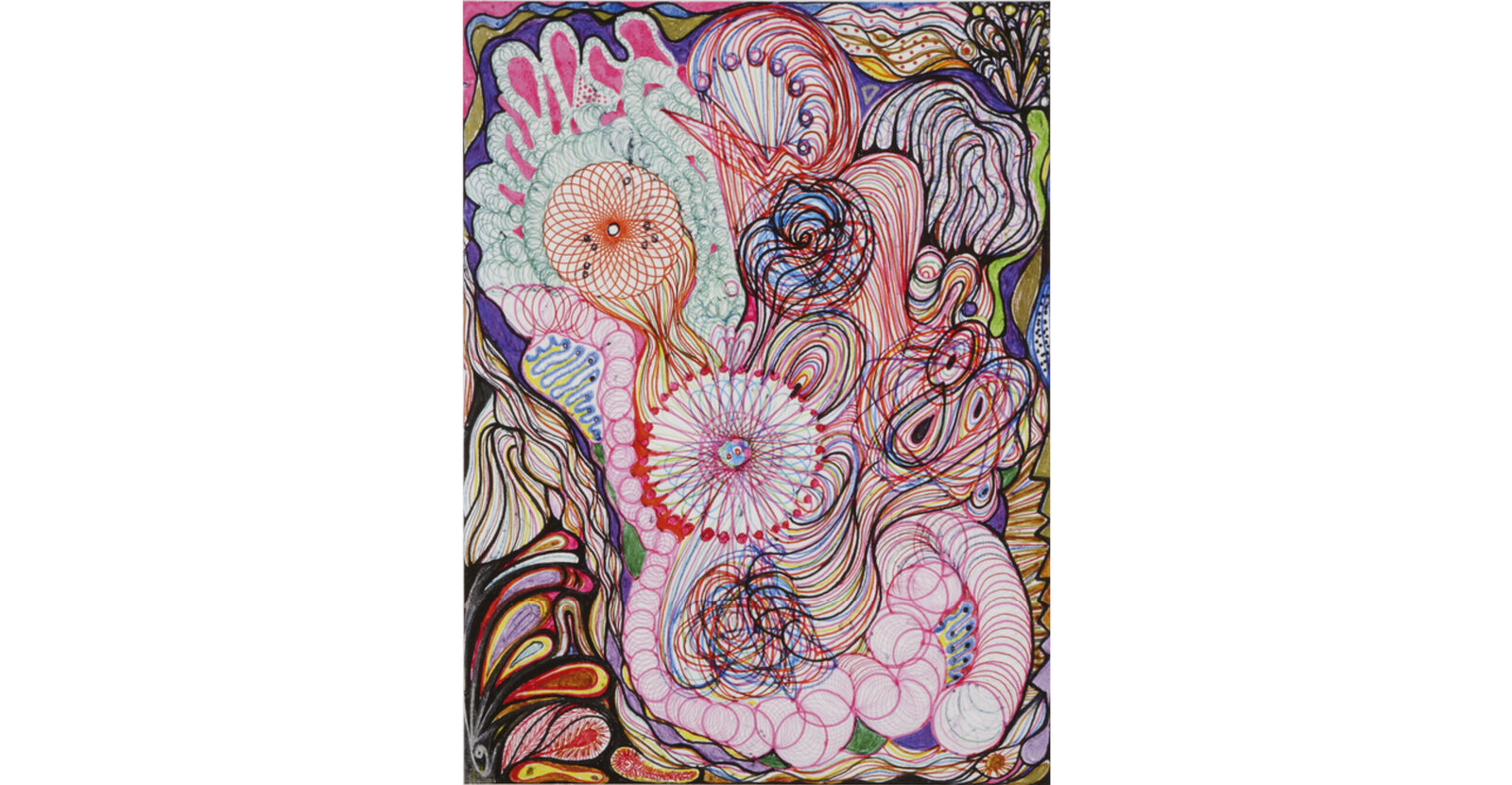 A colorful abstract composition featuring two framed prints with swirling organic forms and intricate line work.