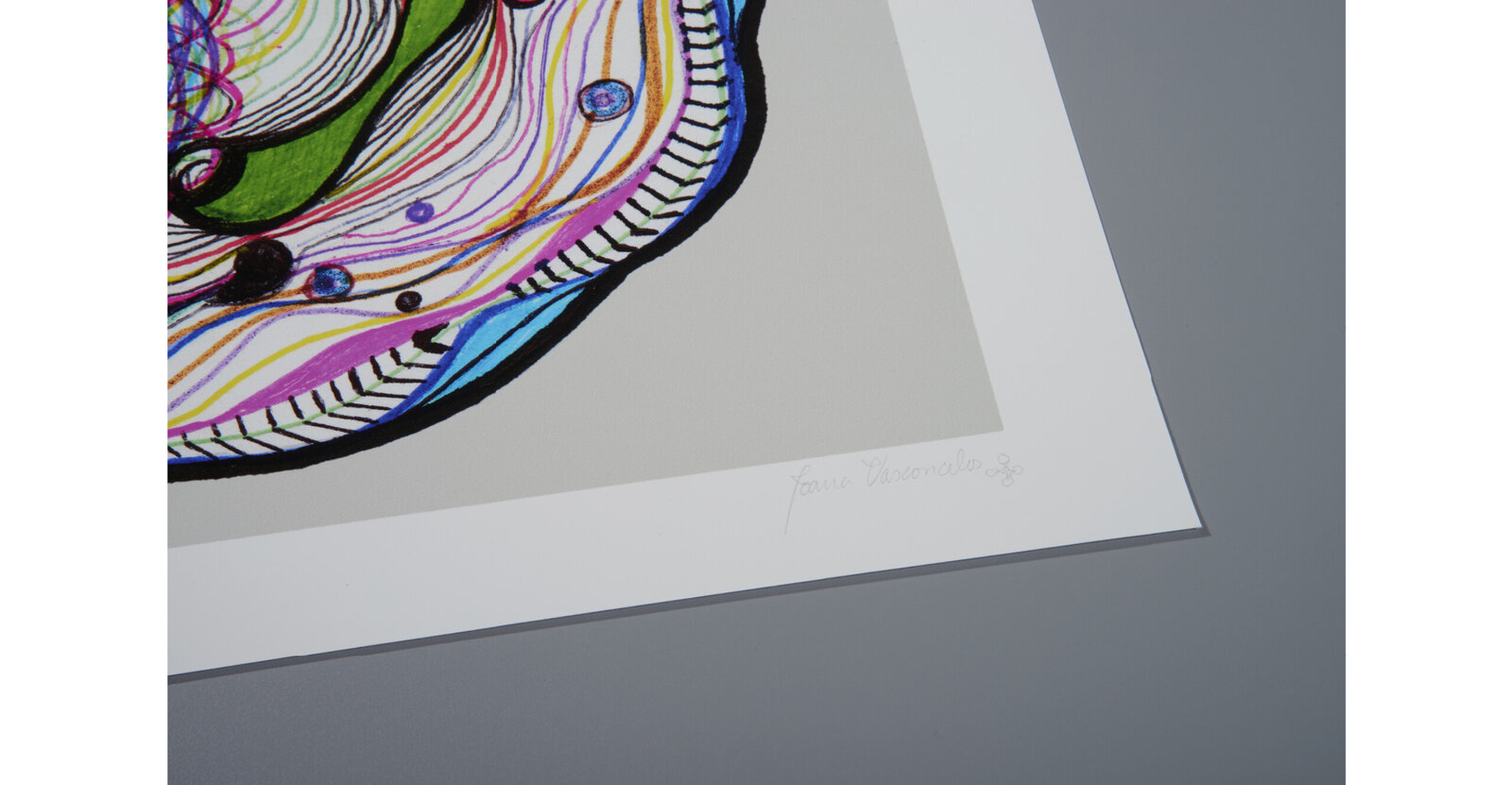 A colorful abstract composition featuring two framed prints with swirling organic forms and intricate line work.
