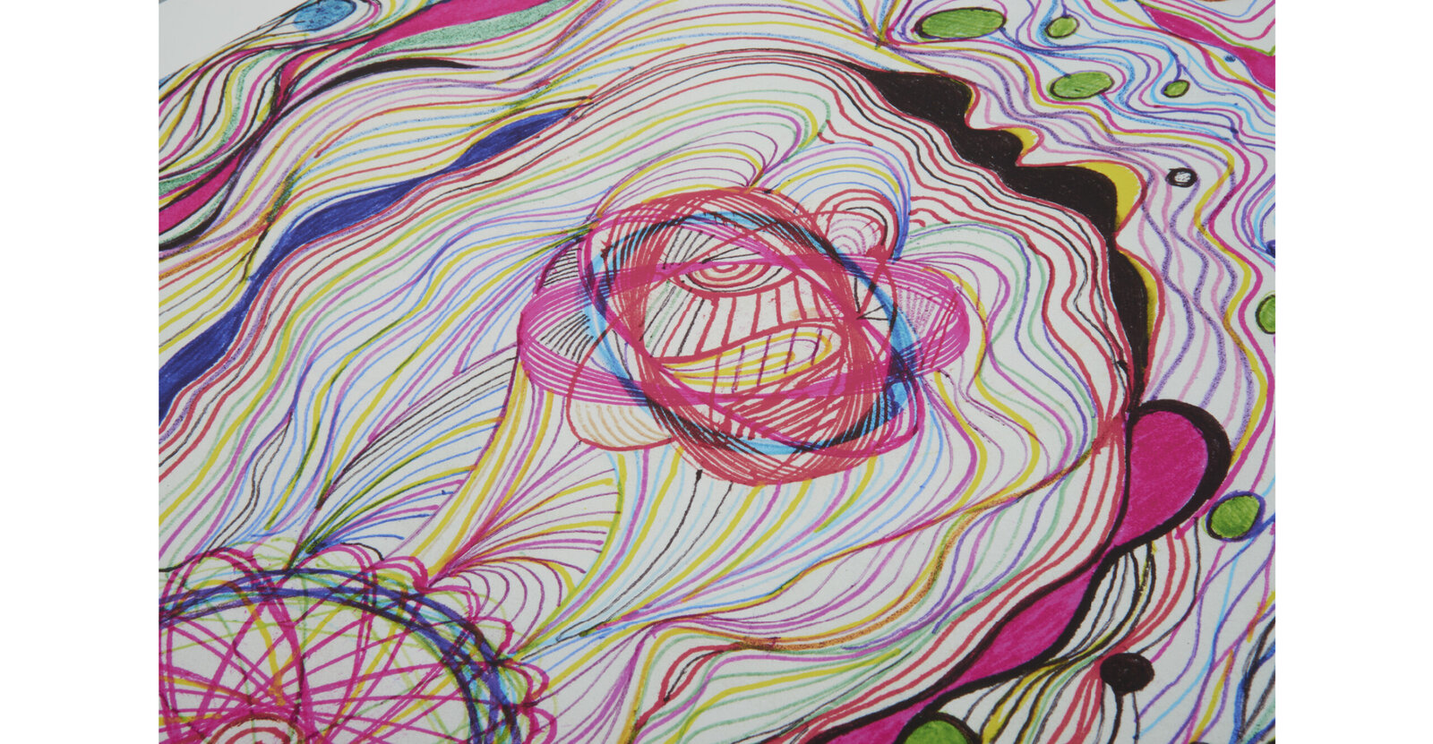 A colorful abstract composition featuring two framed prints with swirling organic forms and intricate line work.