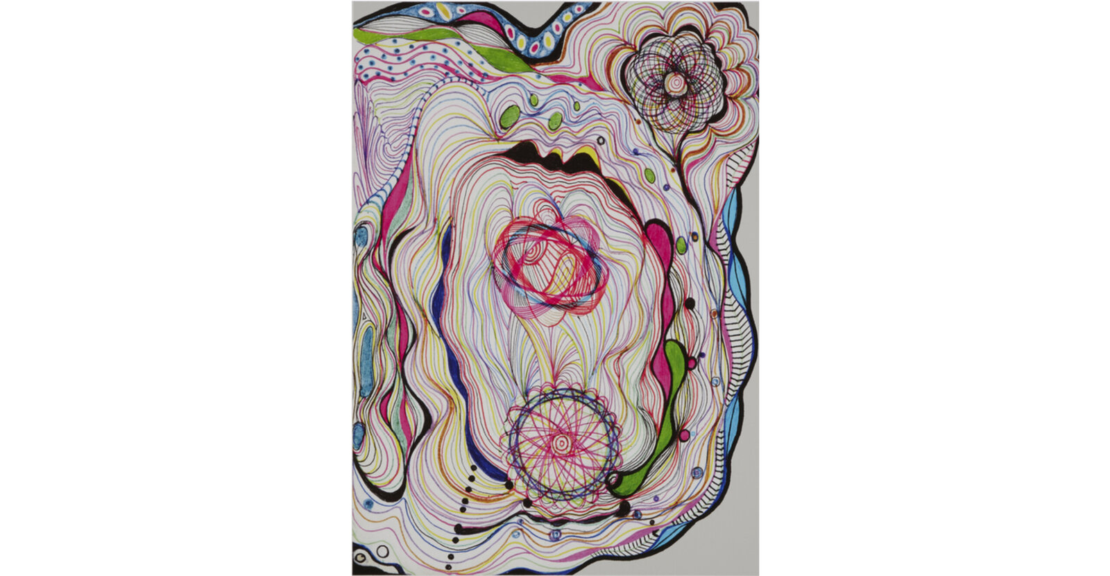 A colorful abstract composition featuring two framed prints with swirling organic forms and intricate line work.