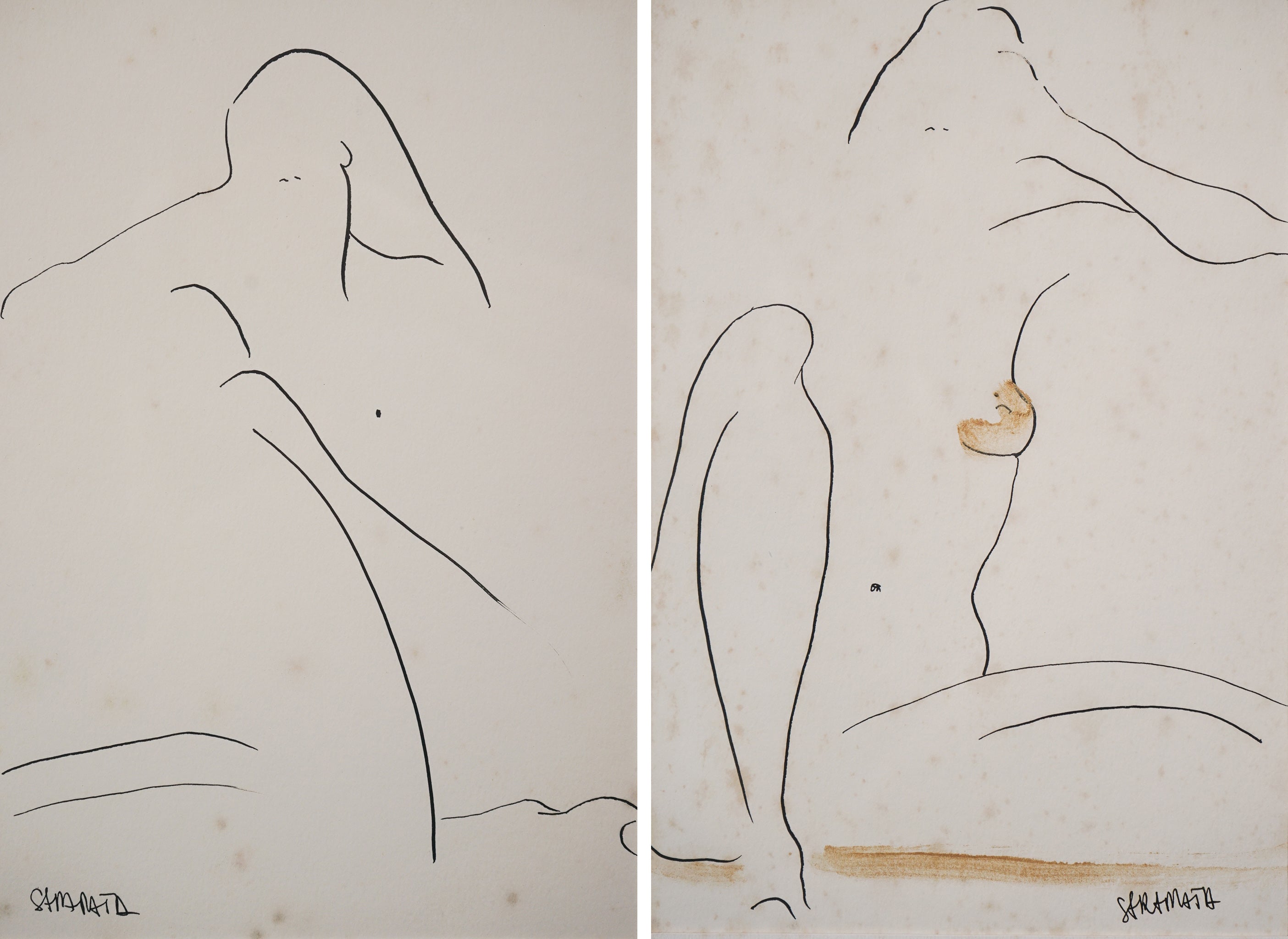 Artwork by Joanna Sarapata, Two Female Nude Pen and Colour Wash Studies, Made of Pen and ink 