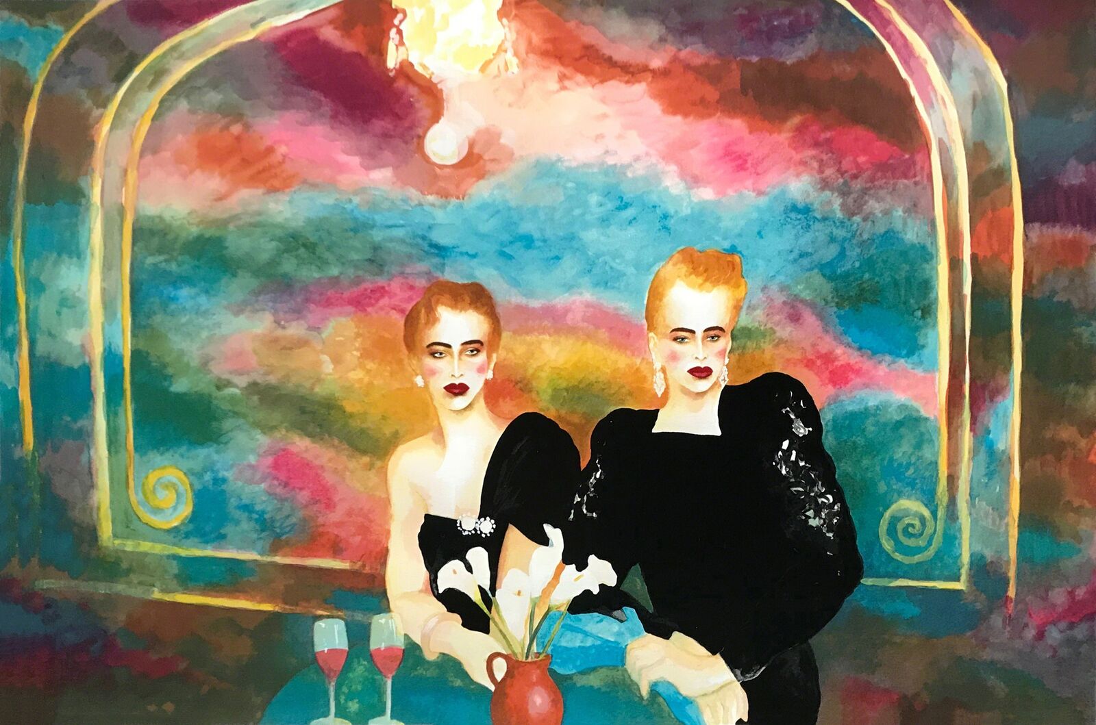 A painting of two women sitting at a table.