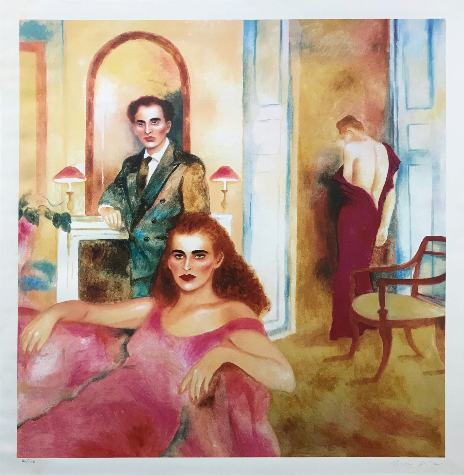 A painting of a man and a woman in a room.
