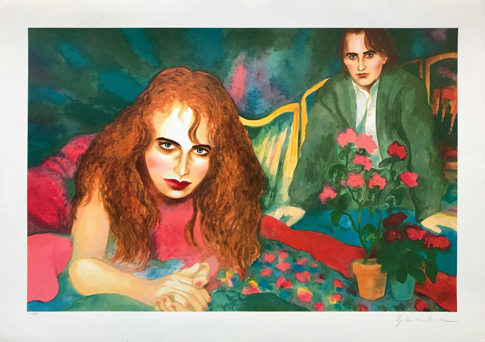 A painting of a woman sitting on a couch next to a man.