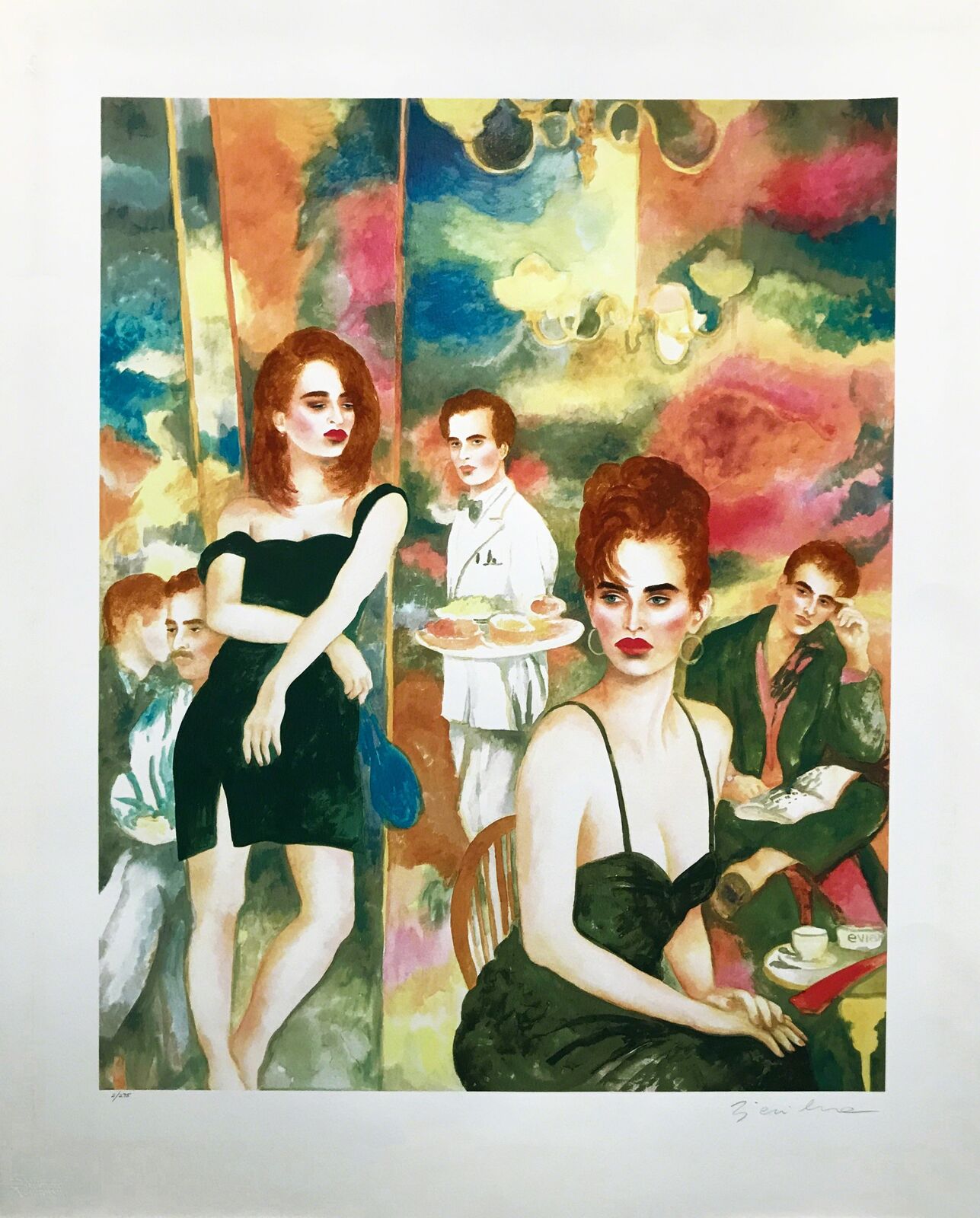 A painting of a woman in a black dress sitting at a table.