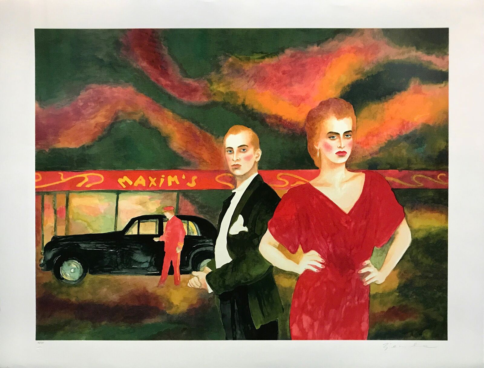 A painting of a man and woman standing in front of a car.