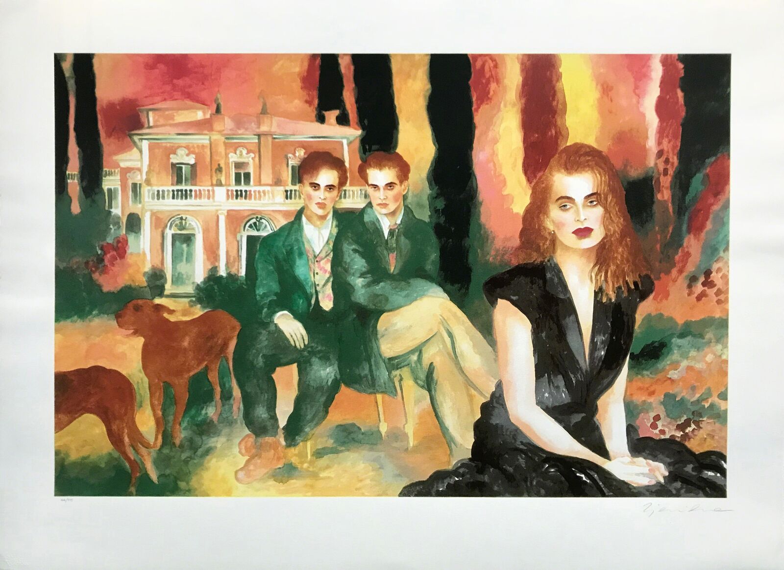 A painting of three people sitting in front of a house with a dog.