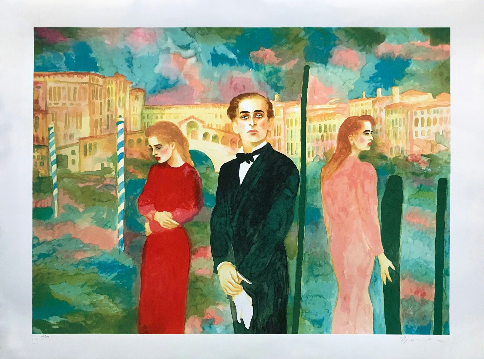 A painting of a man in a tuxedo standing next to two women.