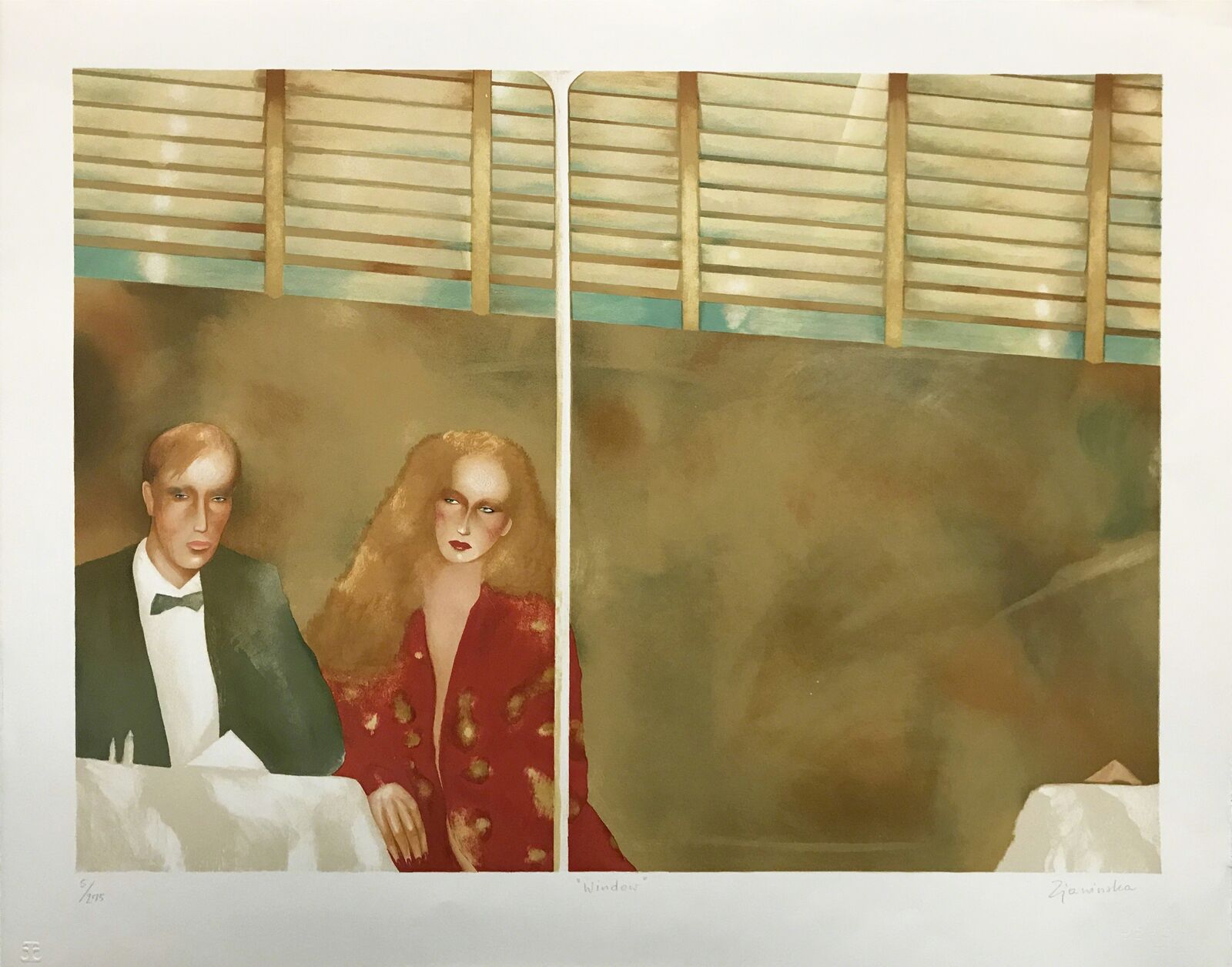 A painting of a man and a woman sitting at a table.