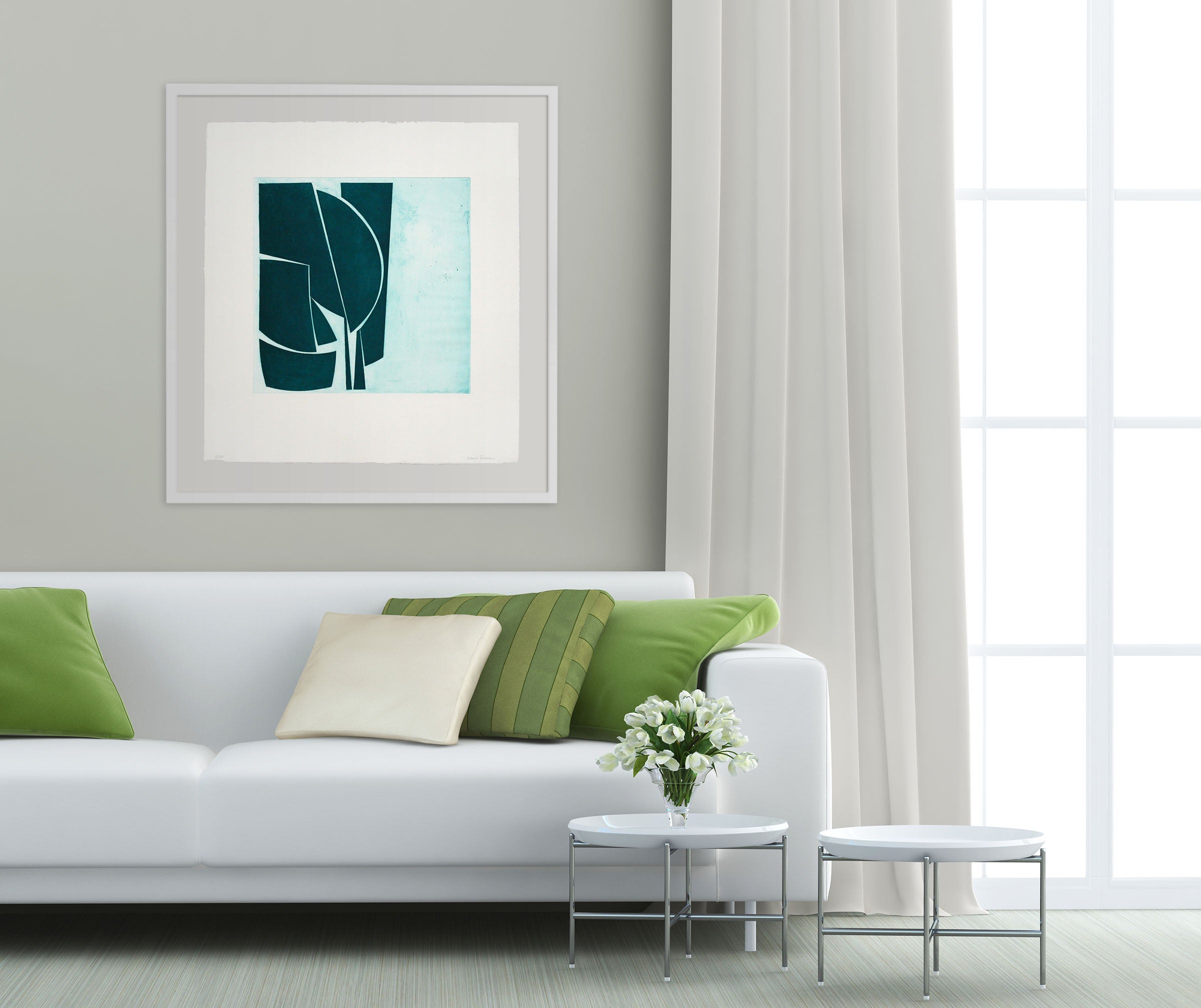 A blue and white abstract painting on a white background.
