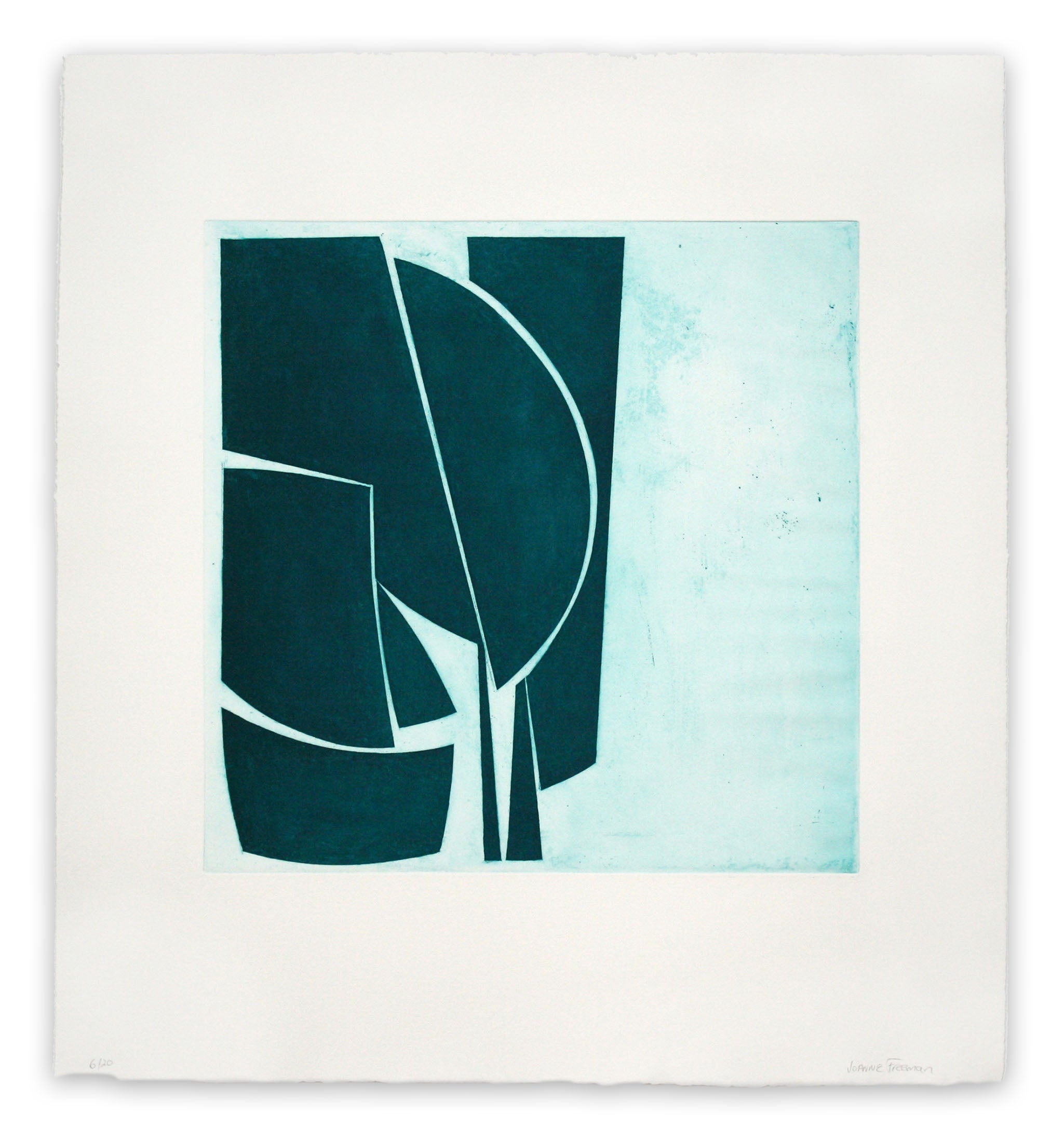 A blue and white abstract painting on a white background.