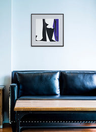A black and white painting with purple accents.