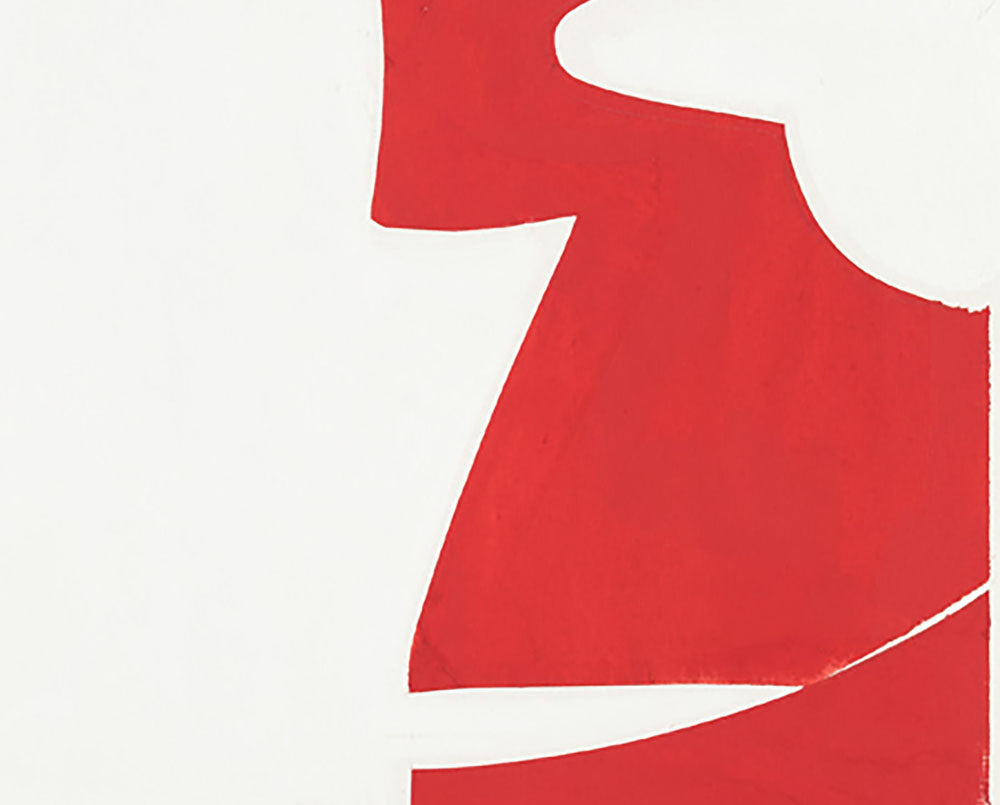 A red and white painting on a white background.