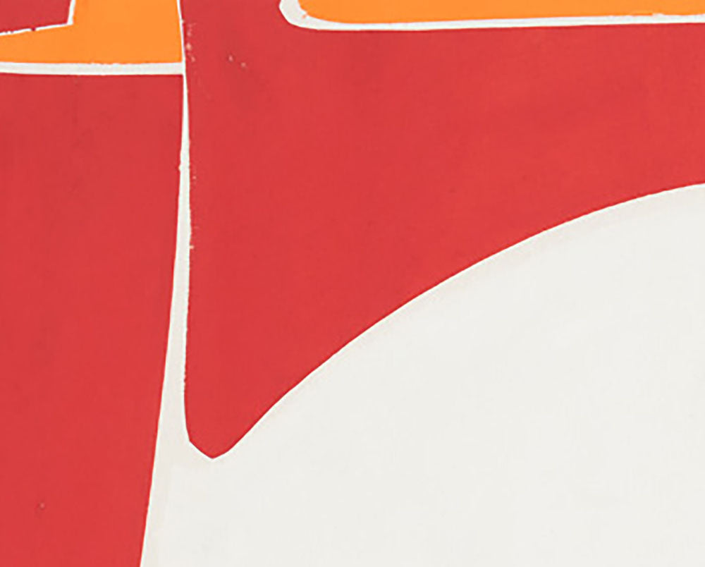 A red and white painting on a white wall.