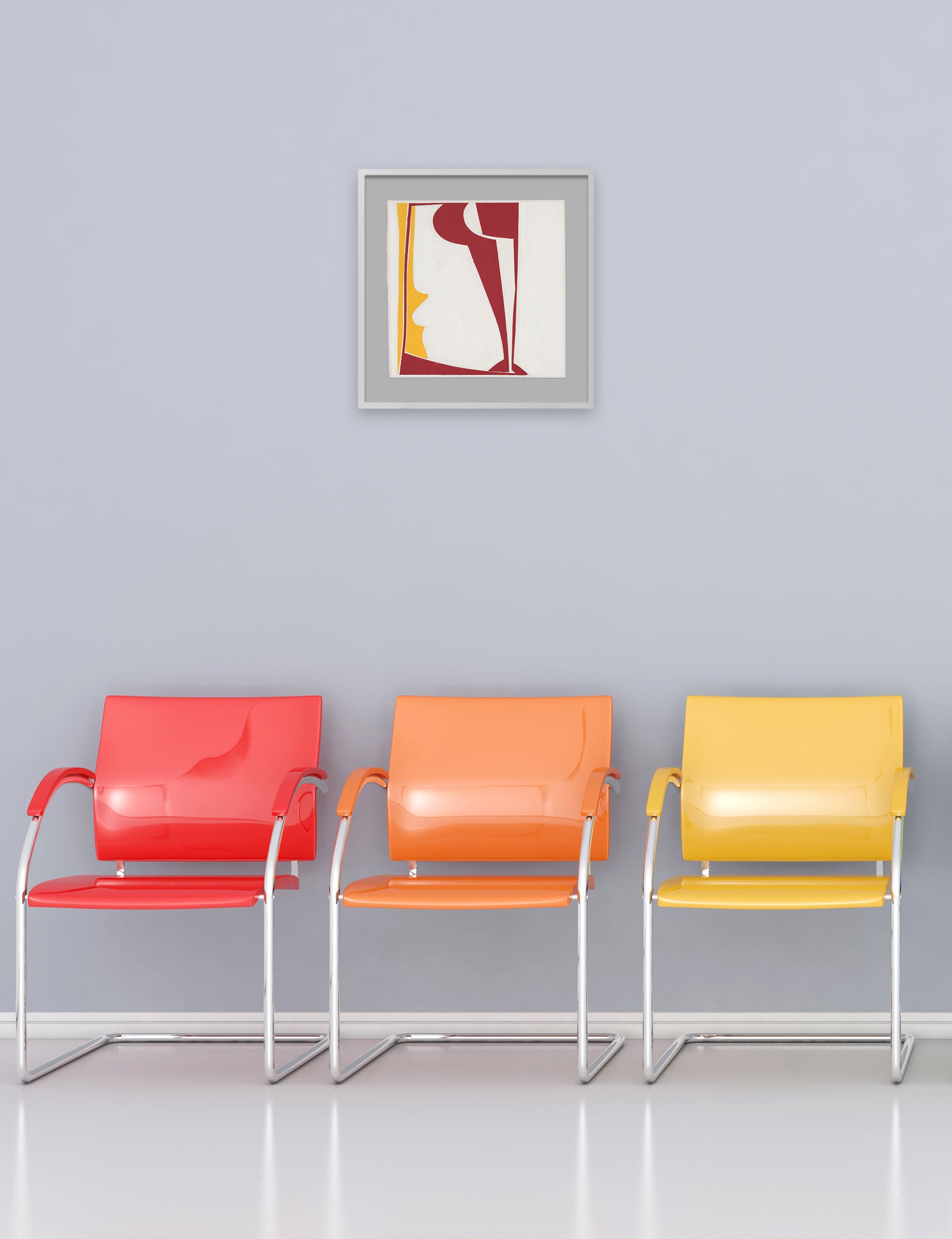 A red and yellow abstract painting on a white background.