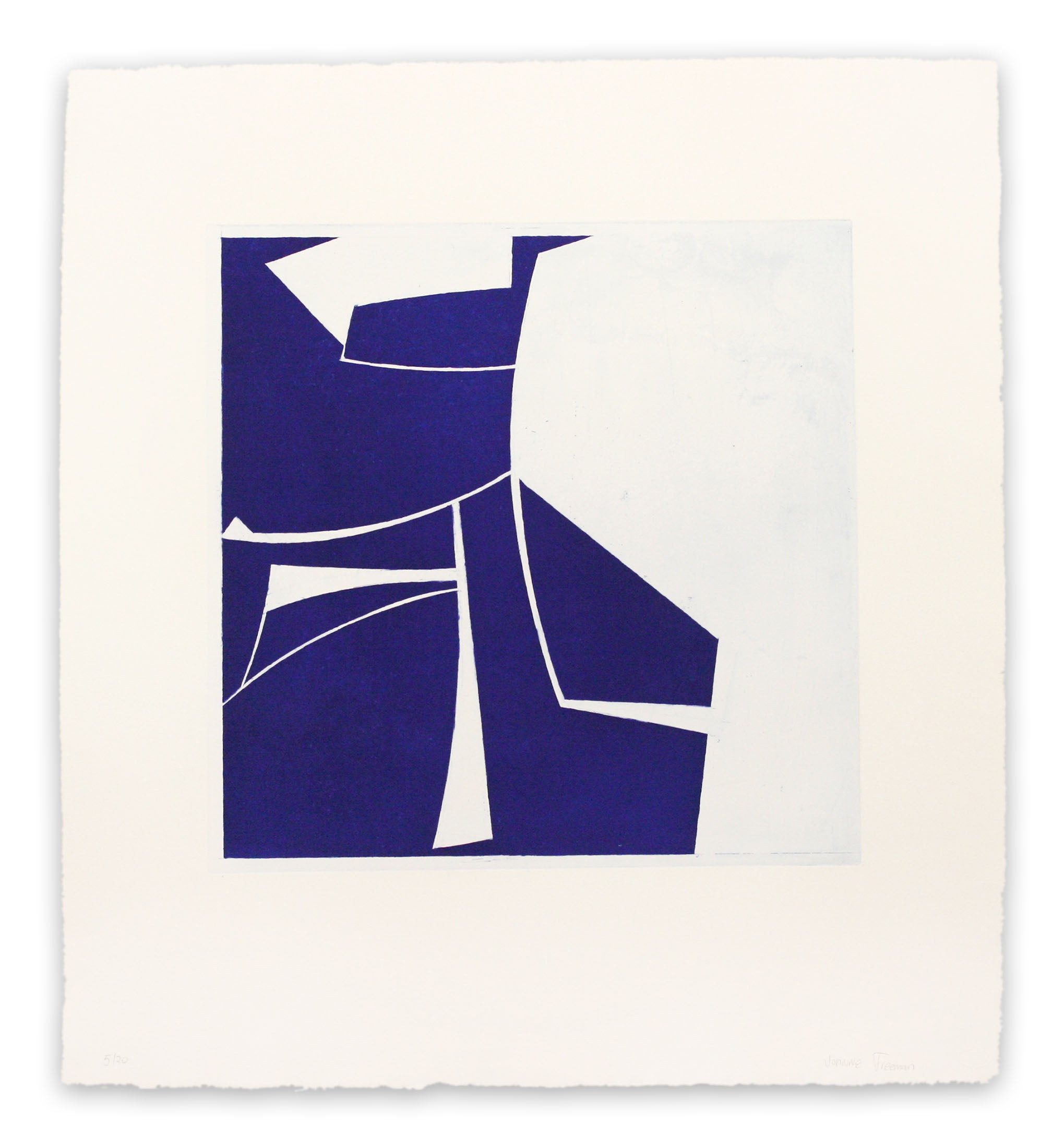 A blue and white print on a white background.
