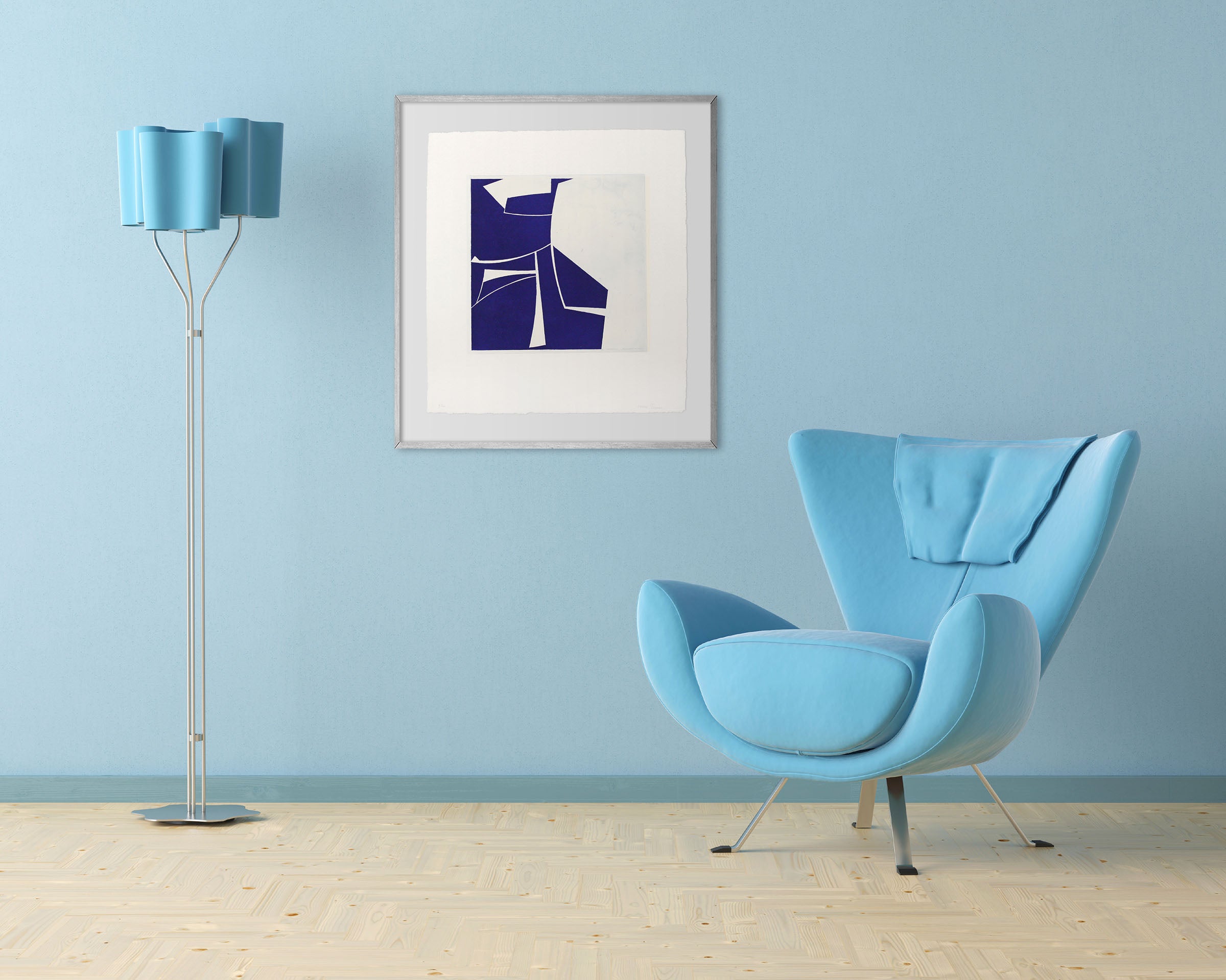 A blue and white print on a white background.