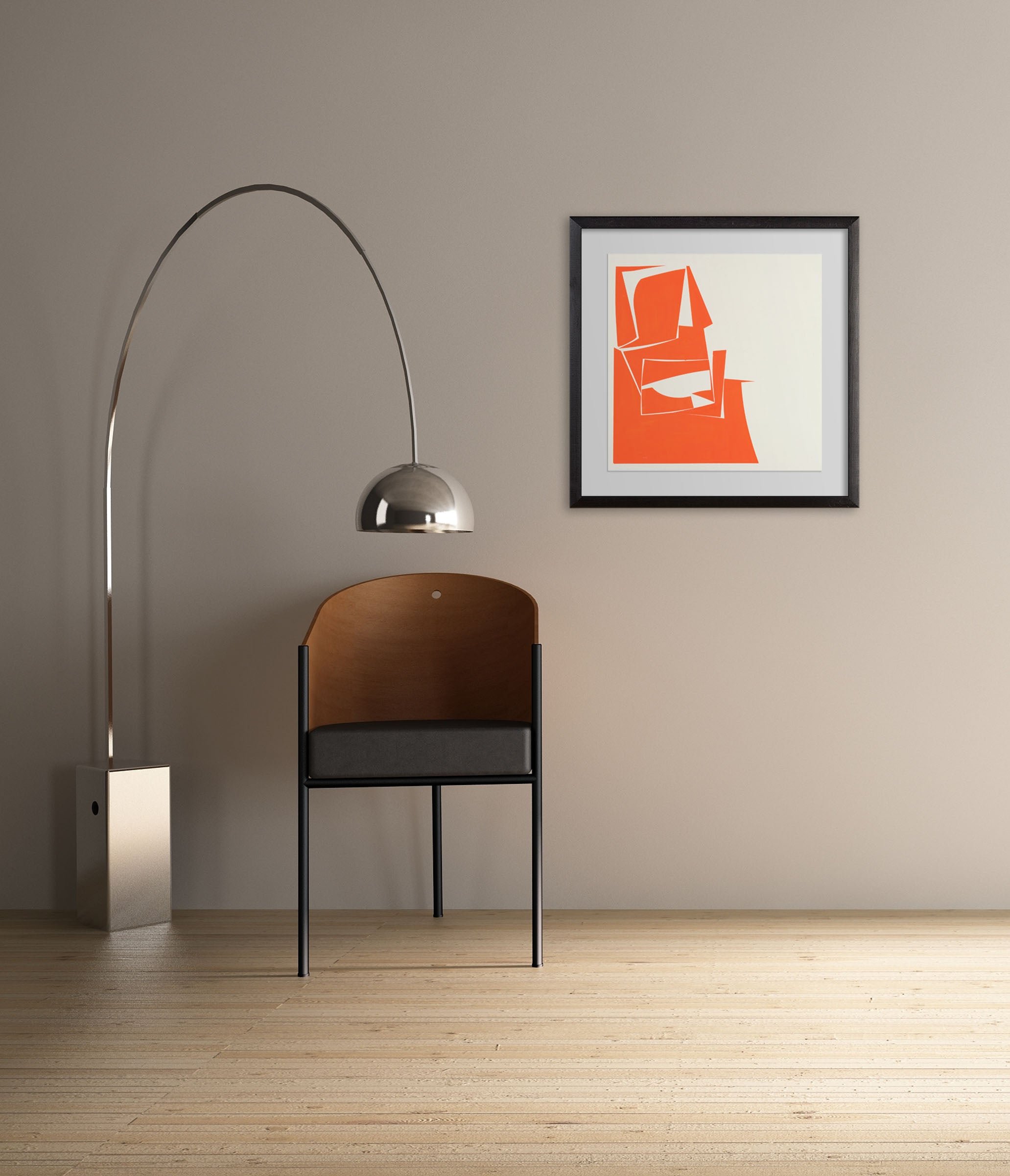 An orange and white abstract painting on a white background.