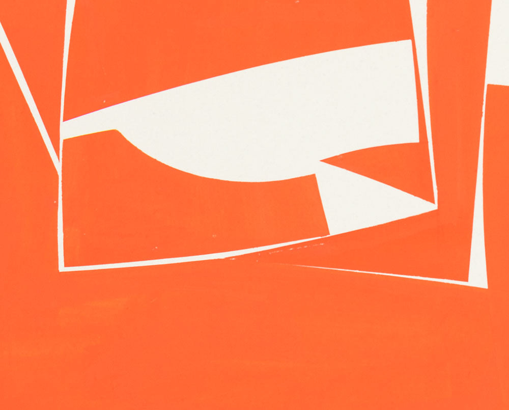 An orange and white abstract painting on a white background.