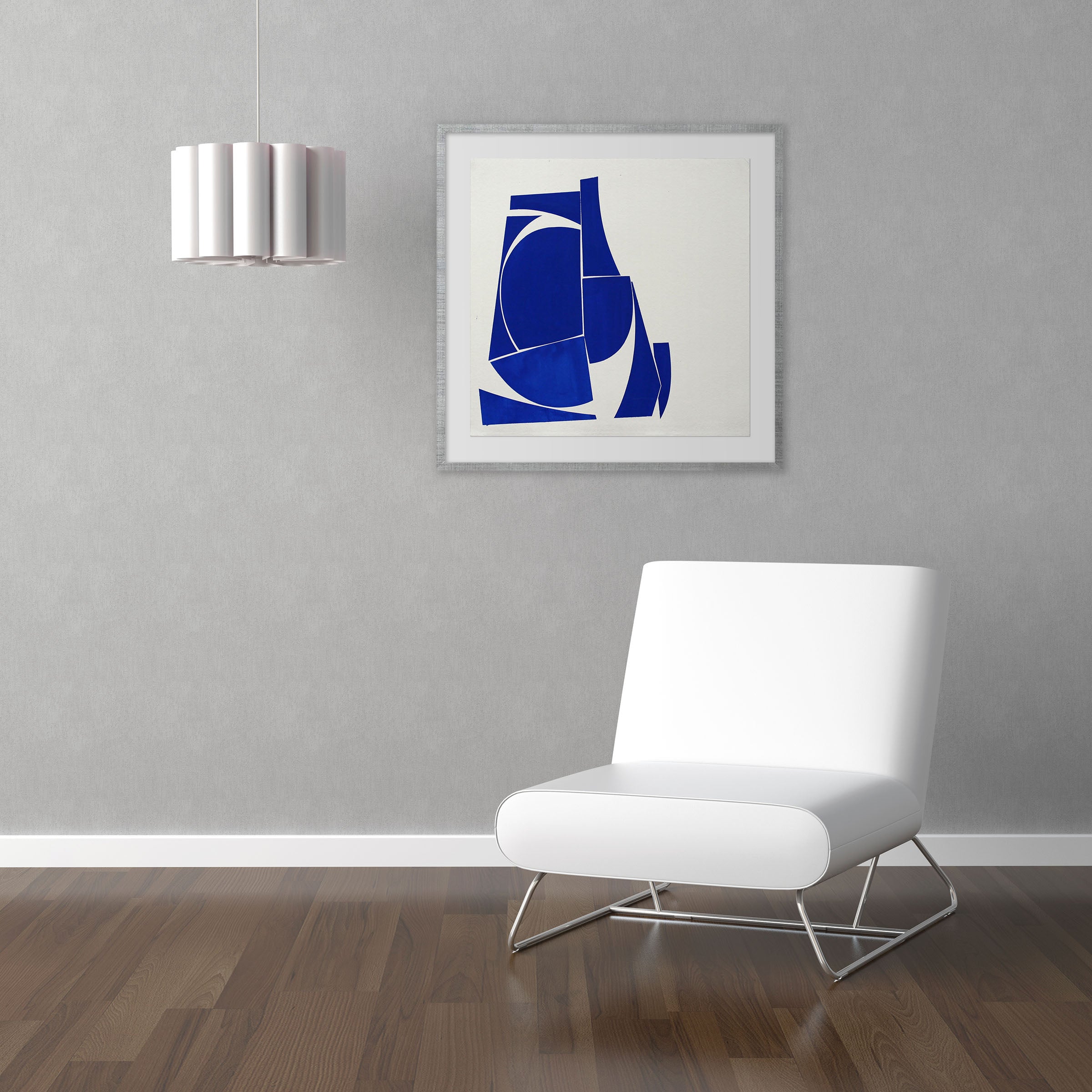 A blue and white abstract painting on a white background.