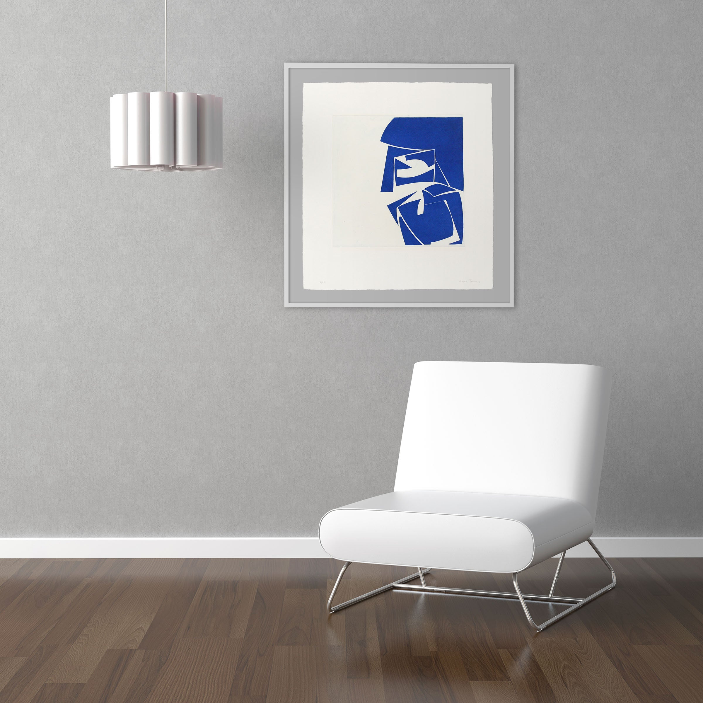 A blue and white print of a woman's face.