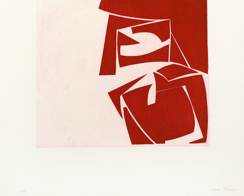 A red and white print of a woman's face on a white background.