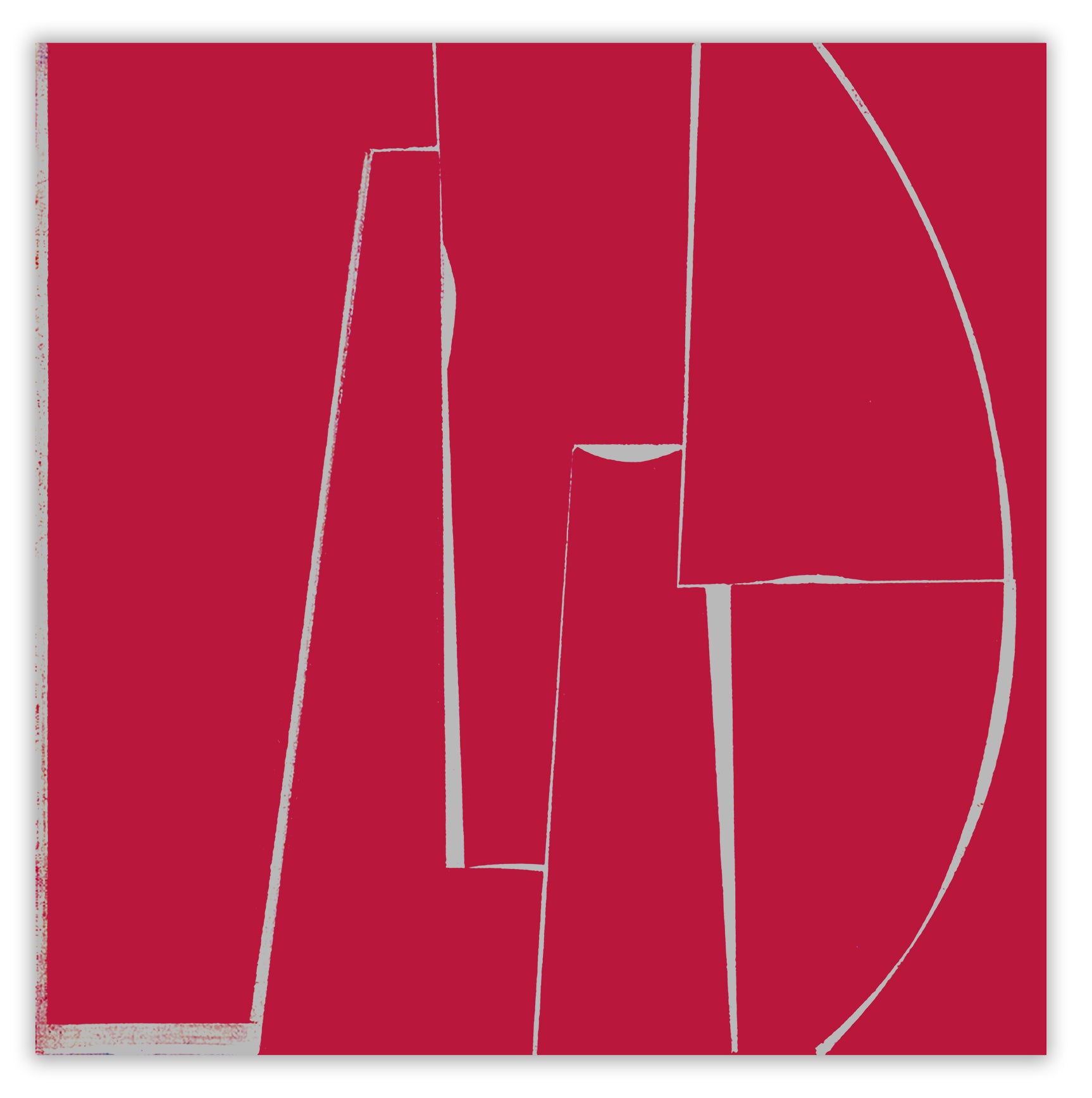 A red and white poster with the letter H on it.
