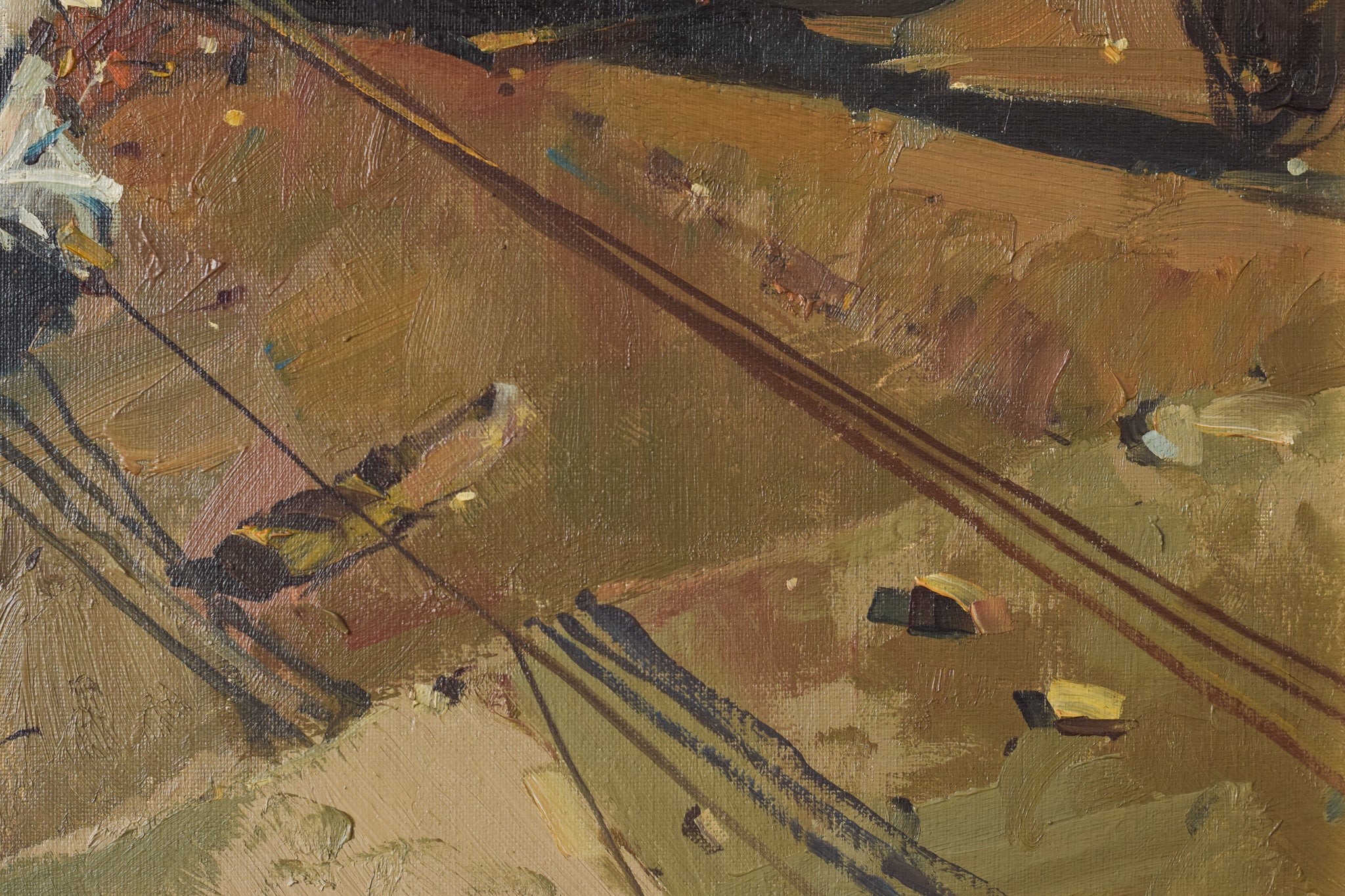 A painting of boats sitting on top of a sandy beach.