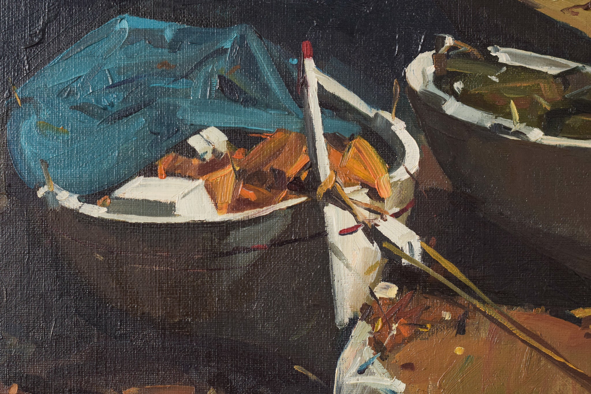 A painting of boats sitting on top of a sandy beach.
