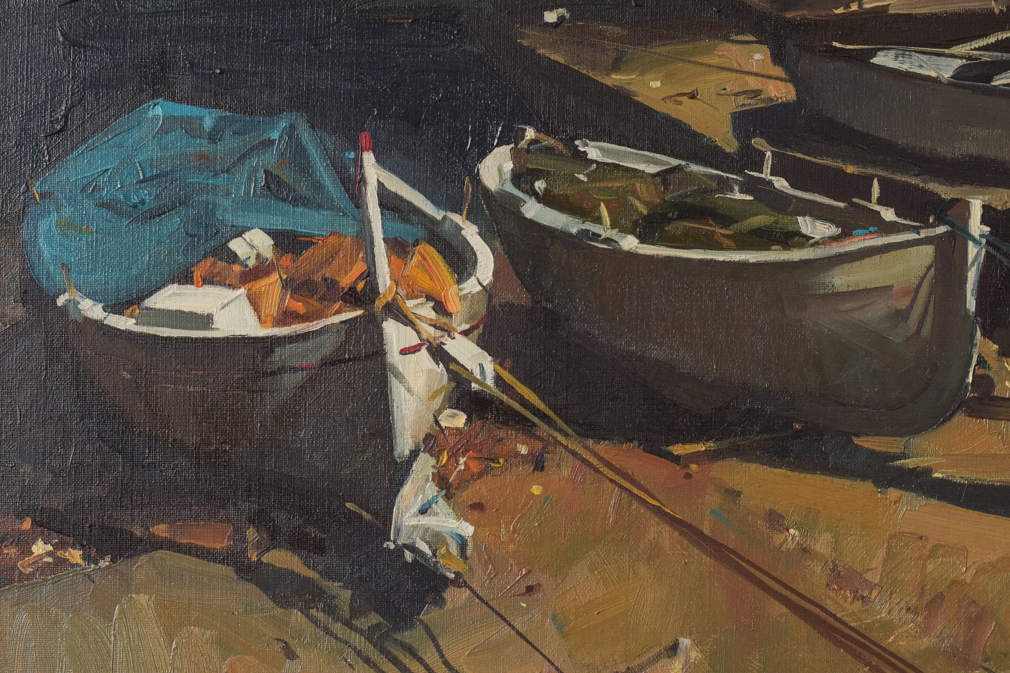 A painting of boats sitting on top of a sandy beach.