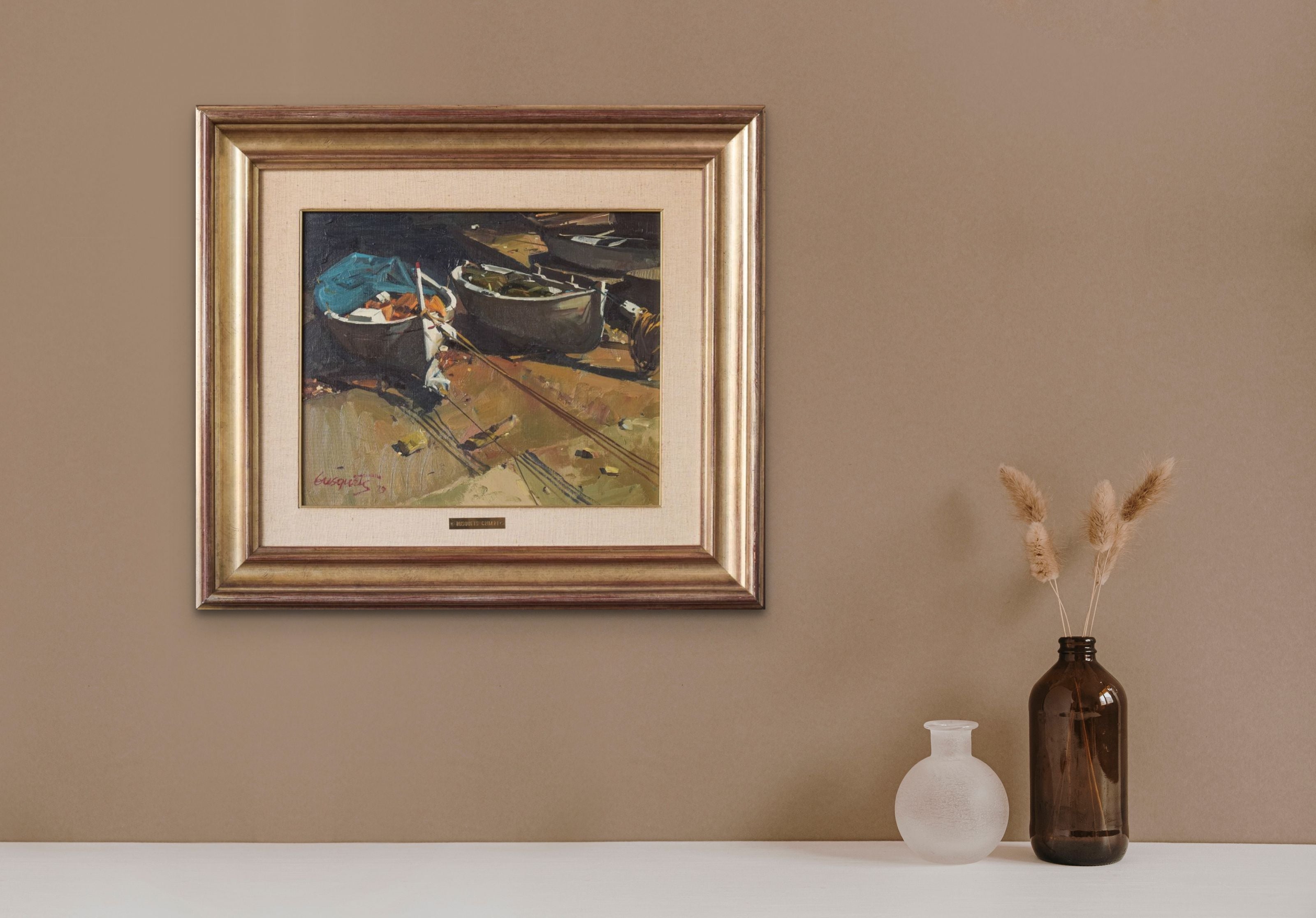 A painting of boats sitting on top of a sandy beach.