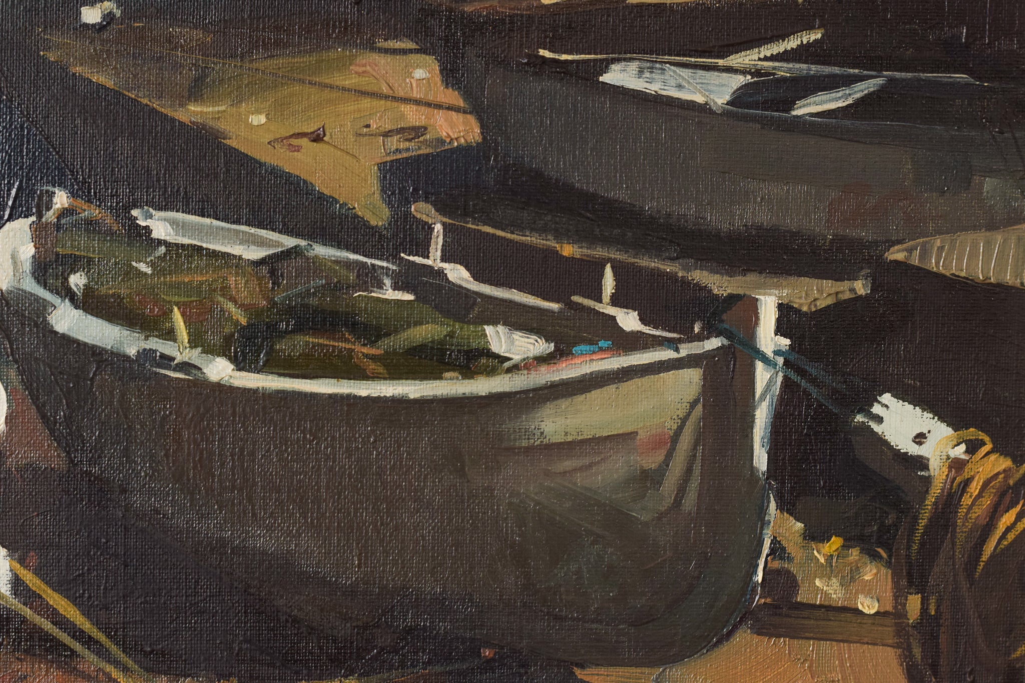 A painting of boats sitting on top of a sandy beach.