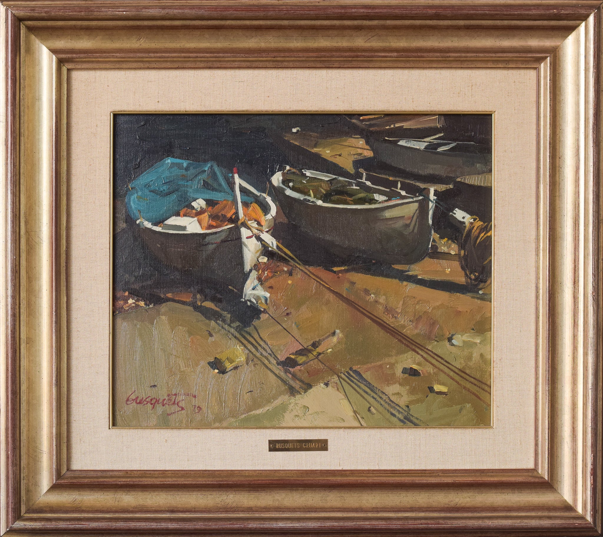 A painting of boats sitting on top of a sandy beach.