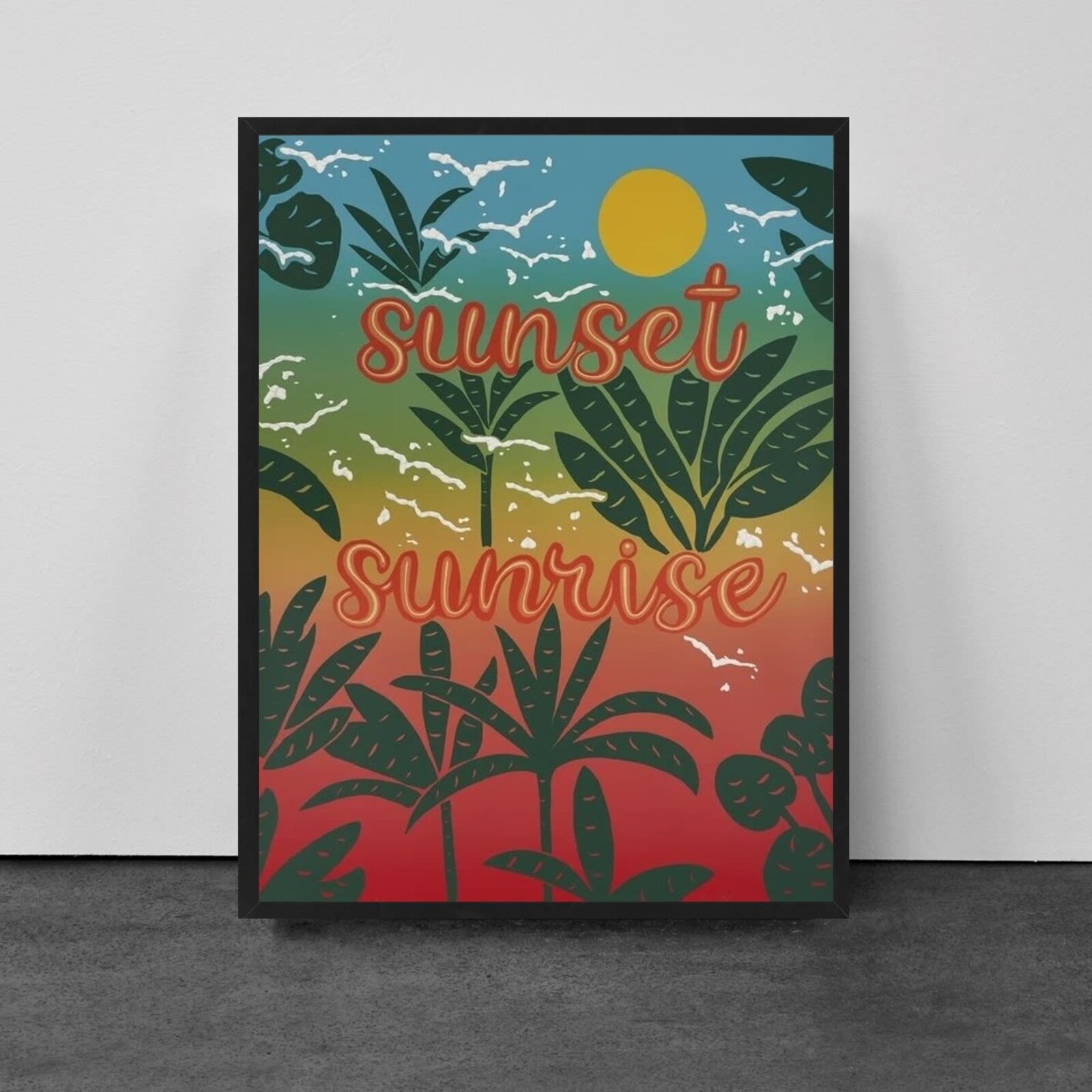 A tropical graphic print featuring stylized palm leaves and the words 'sunset' and 'sunrise' against a gradient sky.